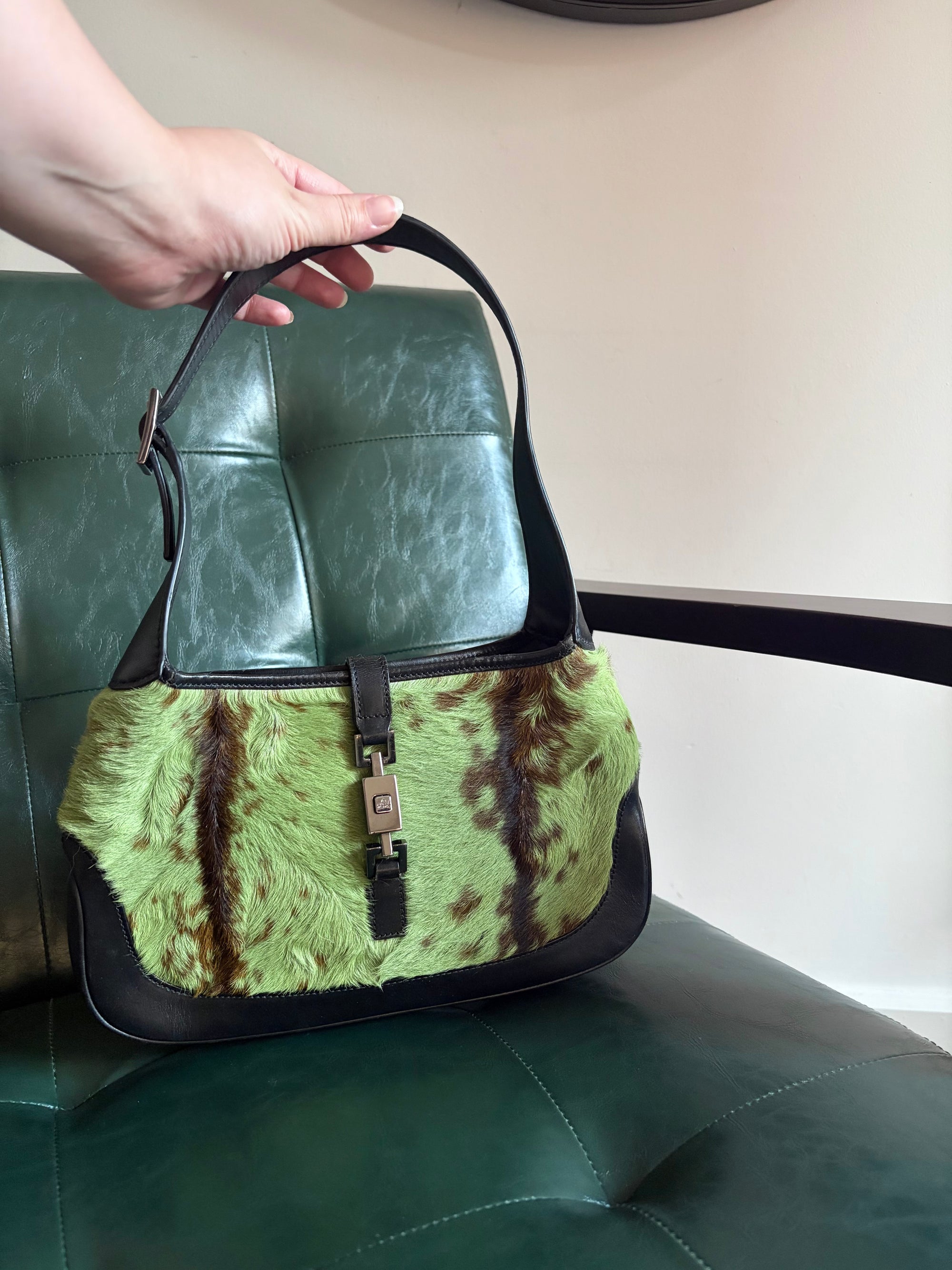 Vintage Gucci Jackie Shoulder Bag in Green and Brown Goat Hair