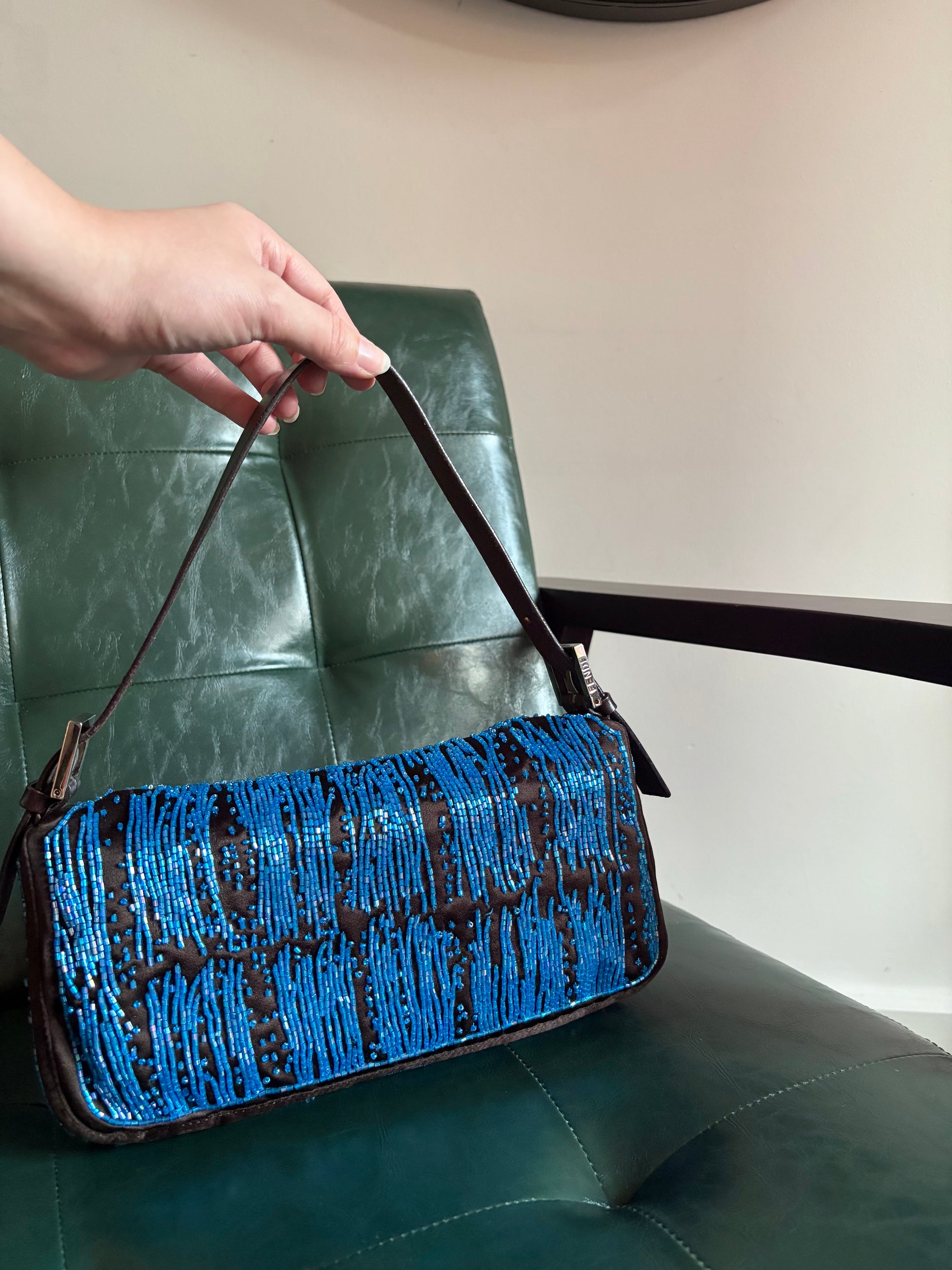 Fendi Dark Brown Satin and Blue Iridescent Beaded Baguette