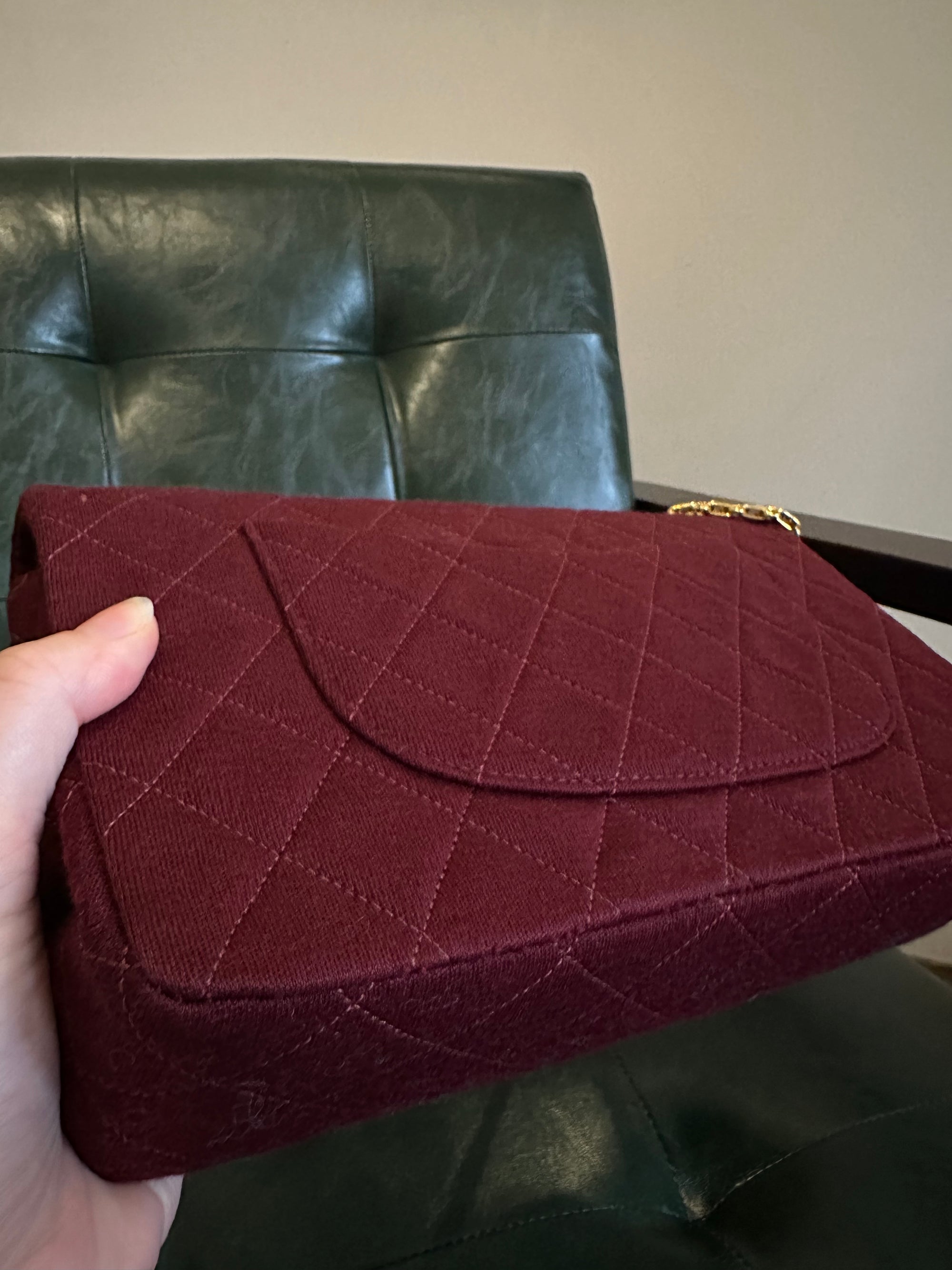 Rare! Chanel medium burgundy jersey double flap bag