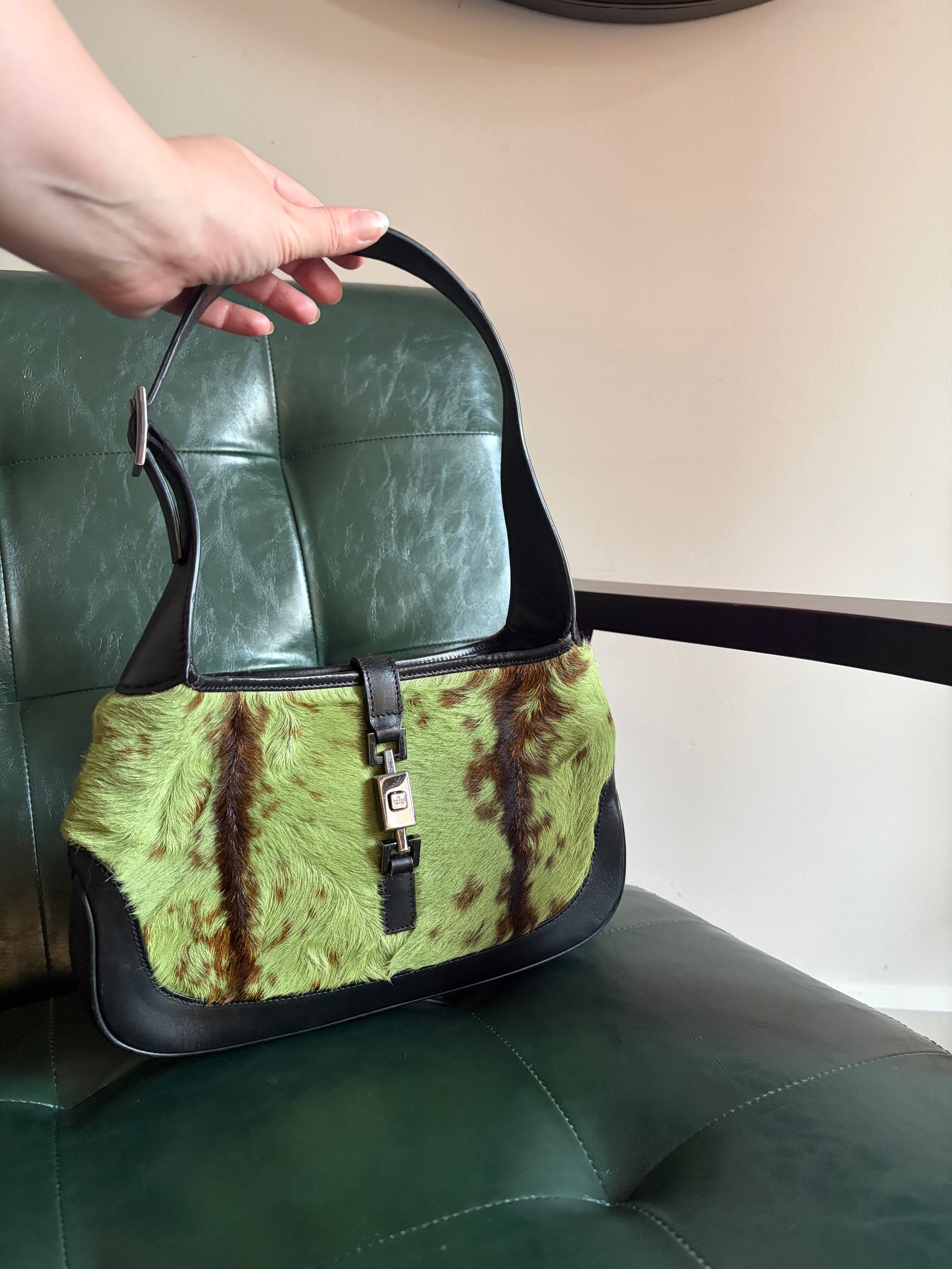Vintage Gucci Jackie Shoulder Bag in Green and Brown Goat Hair