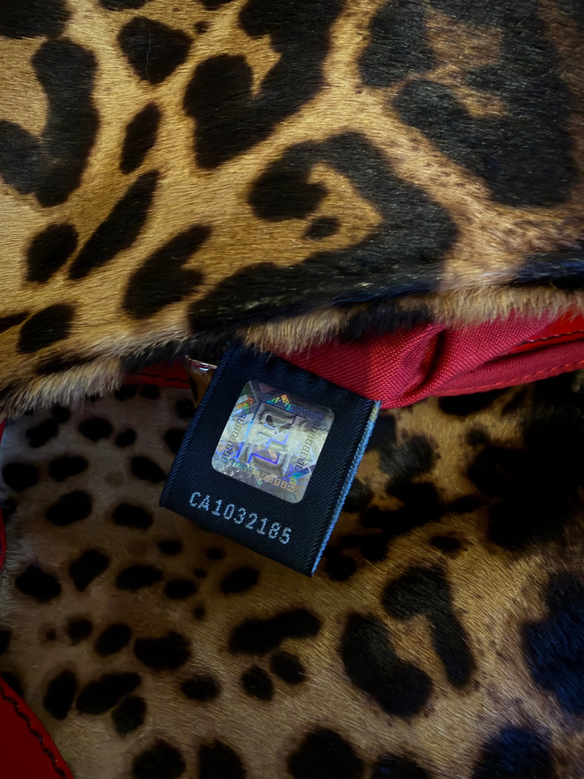 Rare! Vintage Fendi leopard print pony hair baguette bag with red leather trim