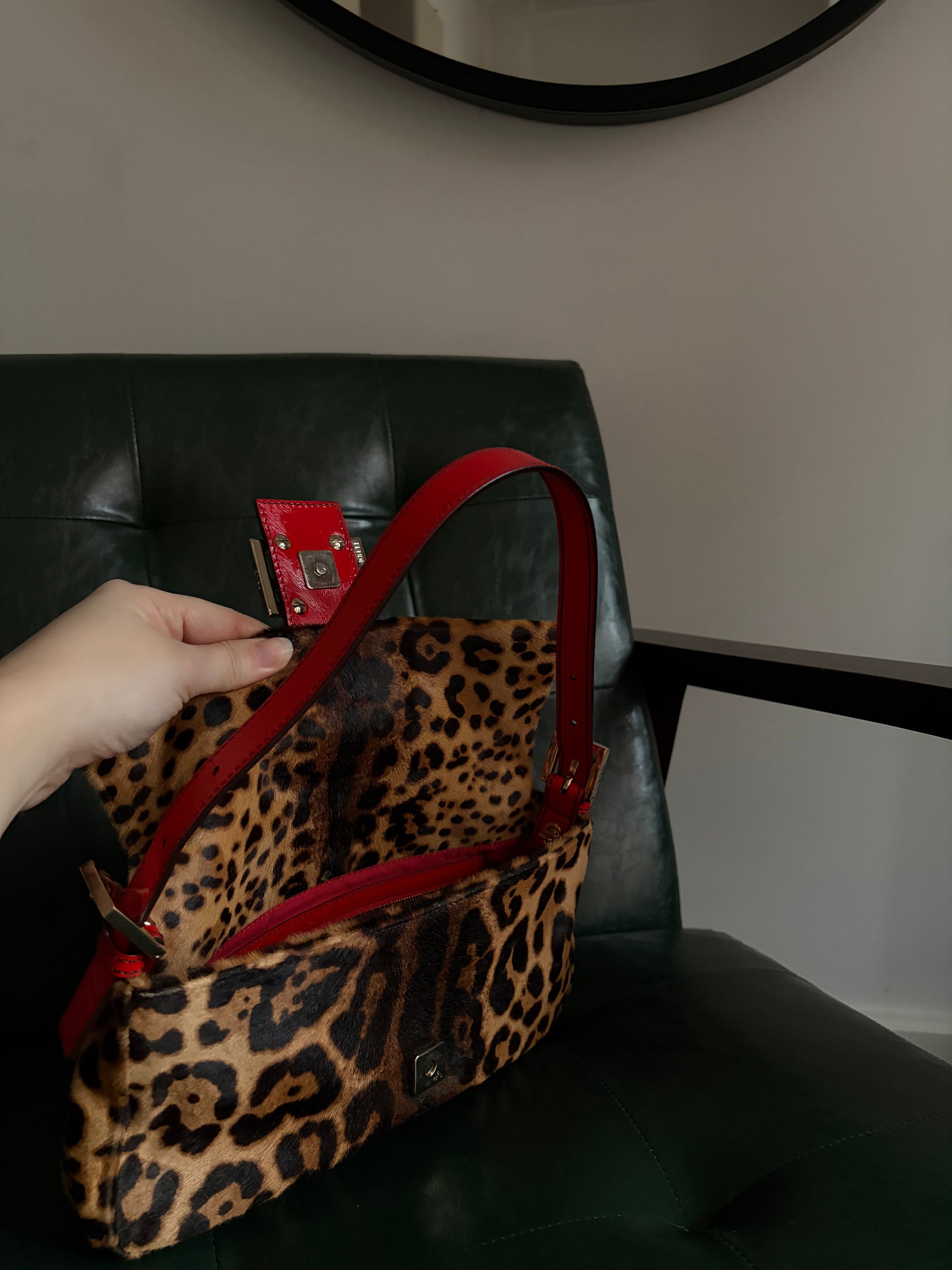 Rare! Vintage Fendi leopard print pony hair baguette bag with red leather trim