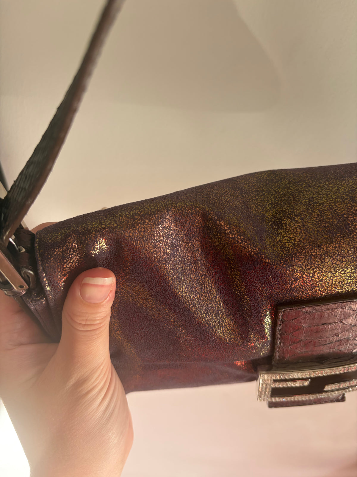 Fendi vintage purple and bronze metallic baguette bag