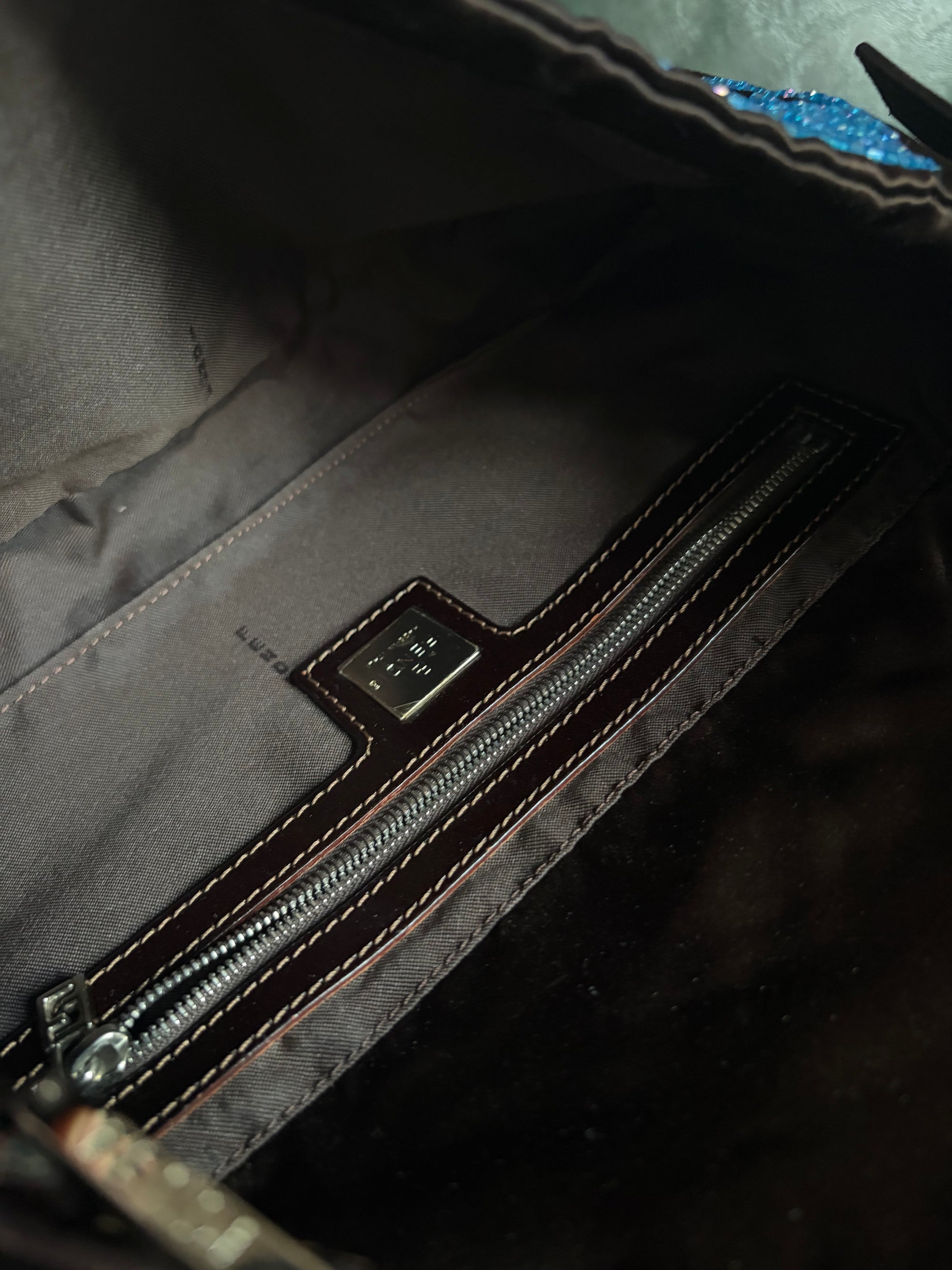 Fendi Dark Brown Satin and Blue Iridescent Beaded Baguette