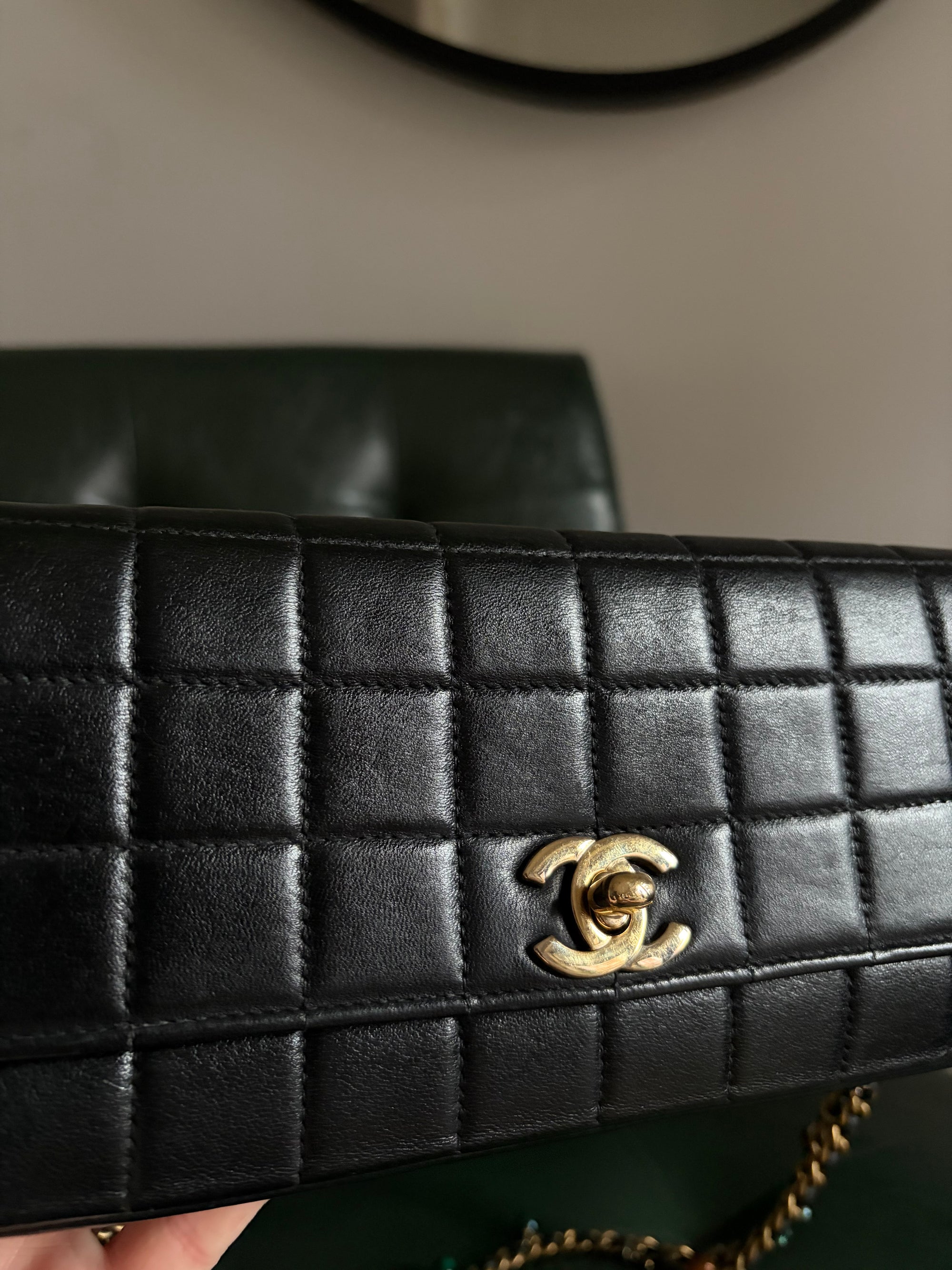 Rare! Chanel black lambskin chocolate bar east west bag with embellished chain