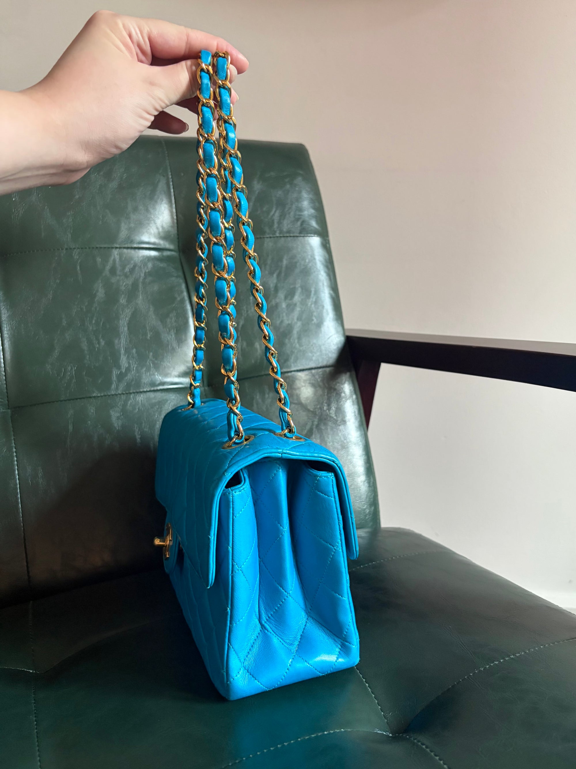 Rare! Vintage Chanel cerulean blue lambskin double sided flap bag with 24ct gold plated hardware