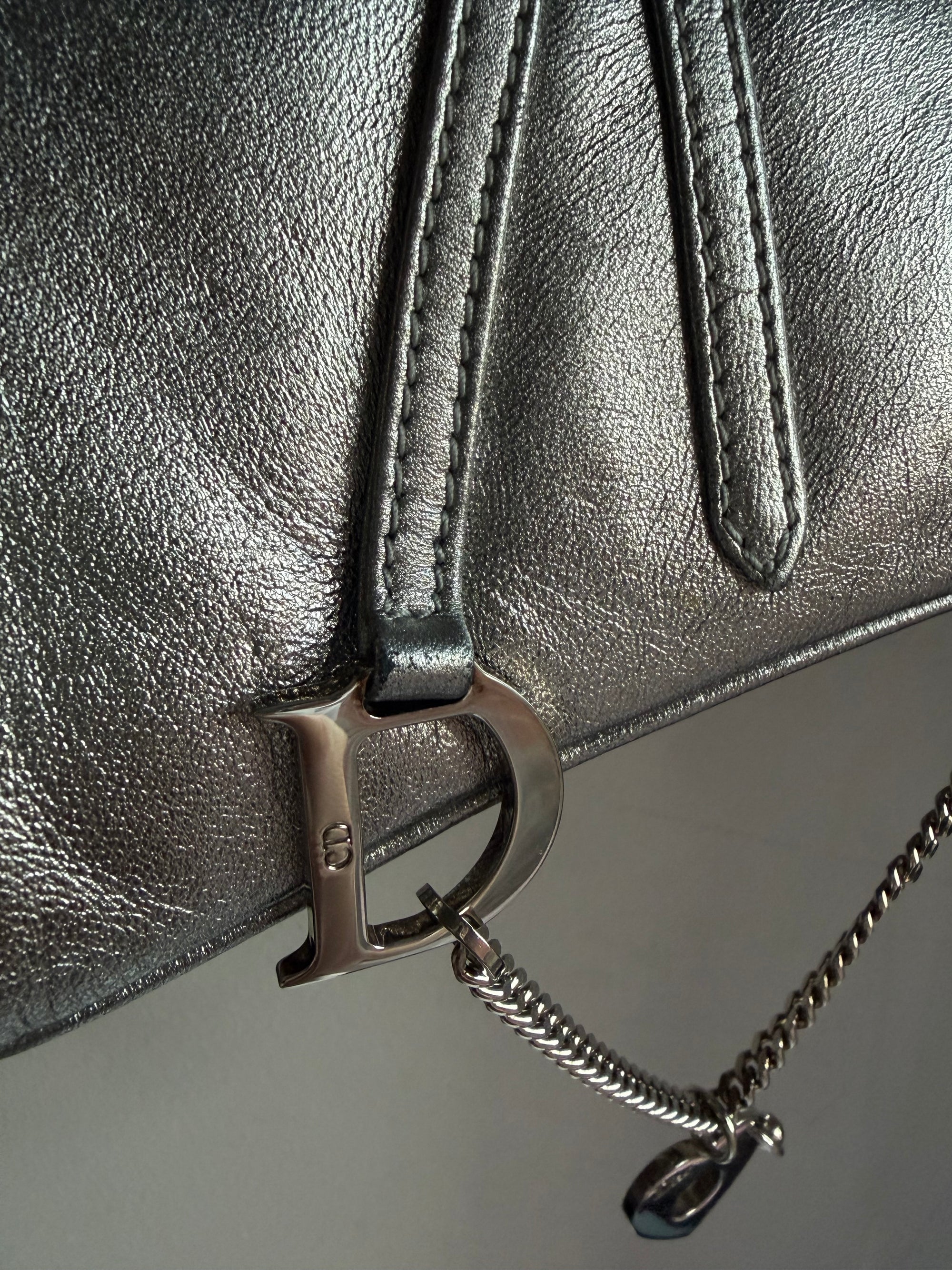 Ultra rare! Dior Silver Vintage Heart Chain Mini Saddle Bag