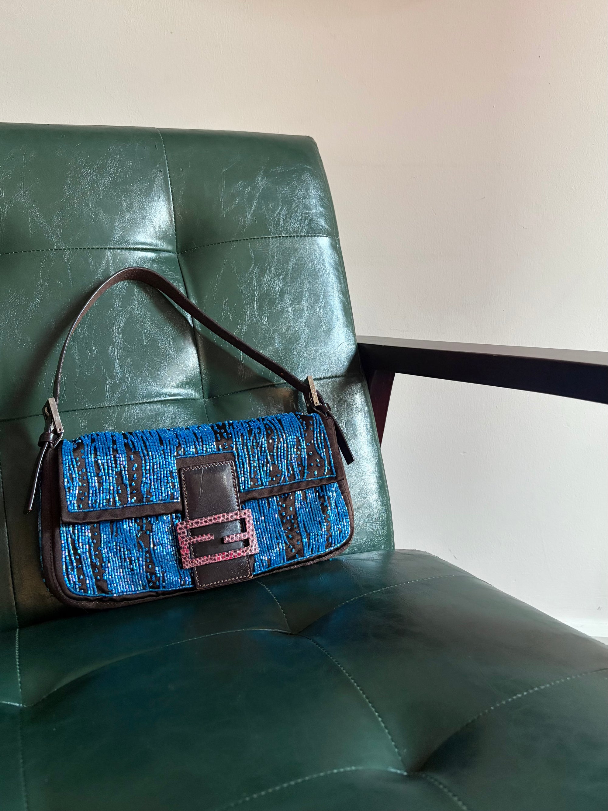 Fendi Dark Brown Satin and Blue Iridescent Beaded Baguette