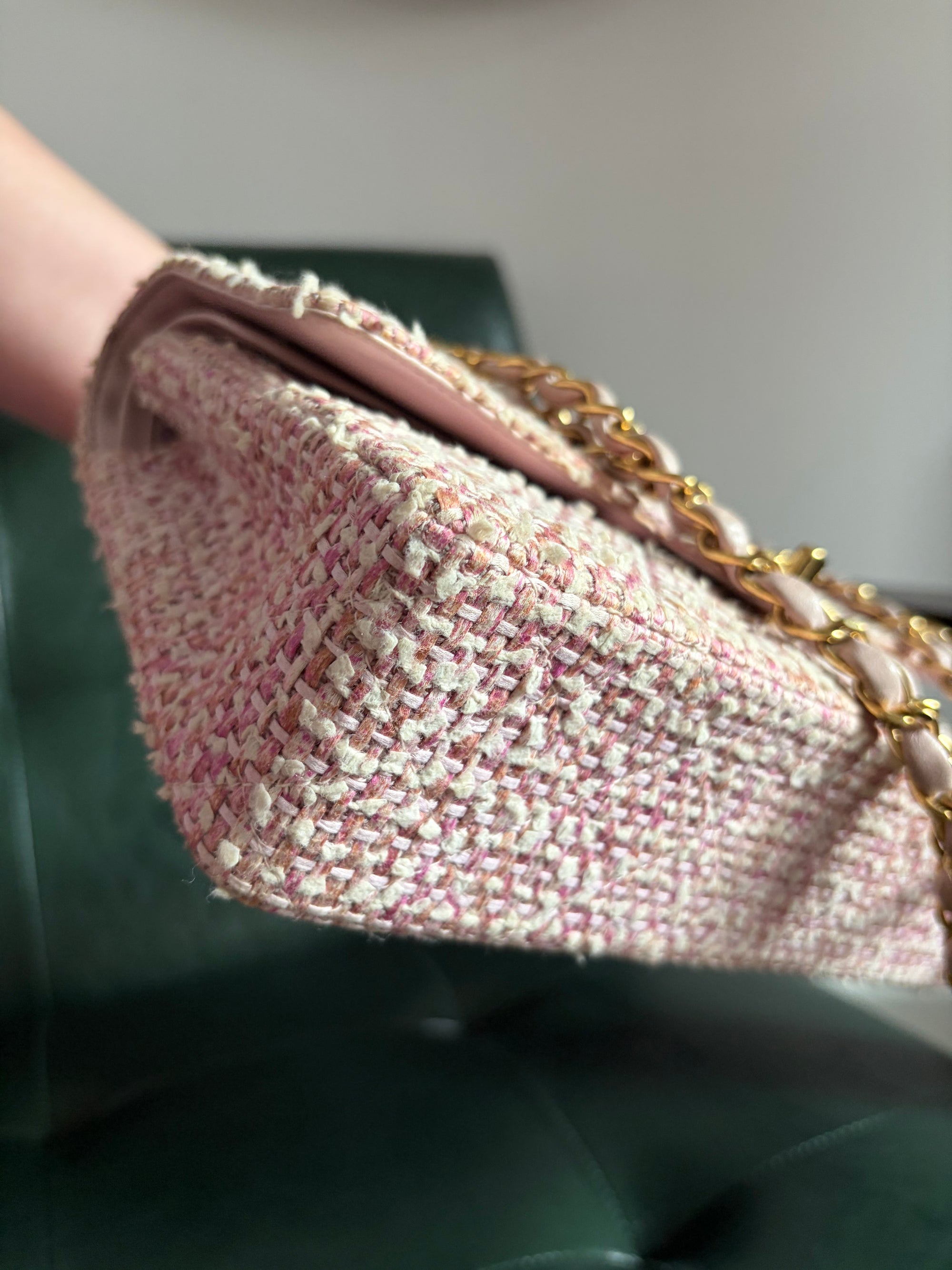 Chanel Vintage Pink and White Tweed Medium Classic Flap with 24ct Gold Hardware