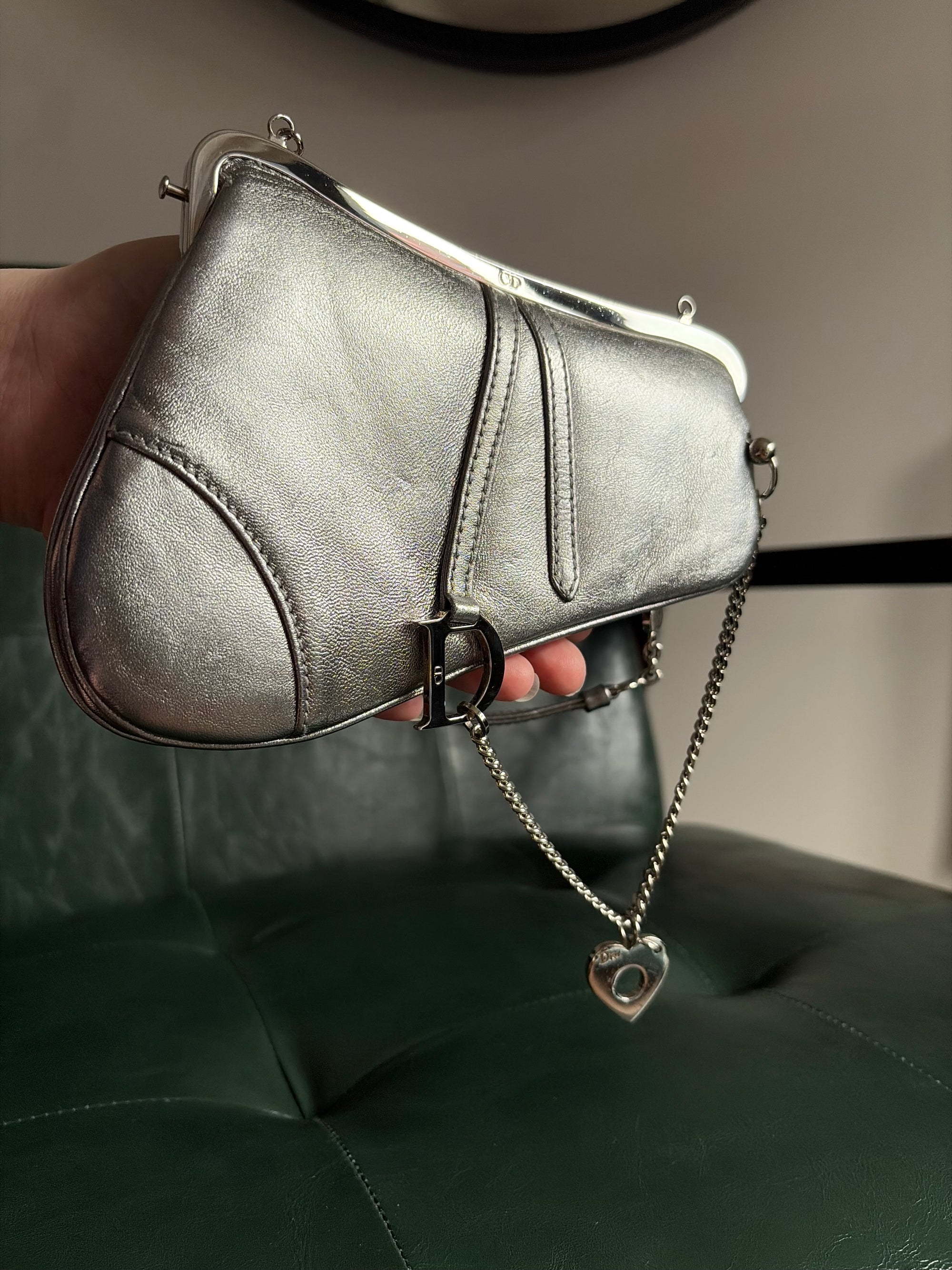 Ultra rare! Dior Silver Vintage Heart Chain Mini Saddle Bag