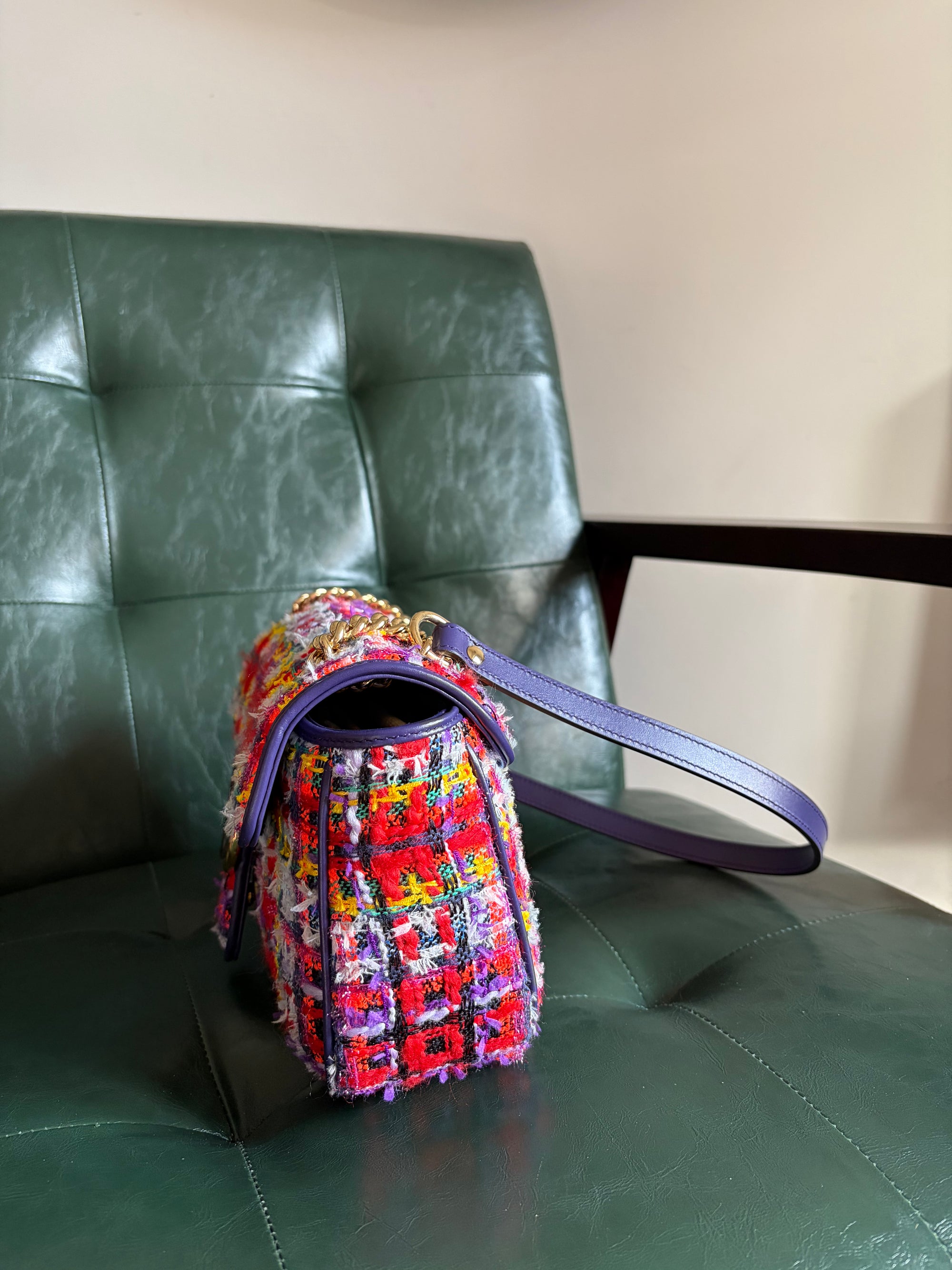 Gucci Marmont Small Multicoloured Tweed Mixed Metal Bag