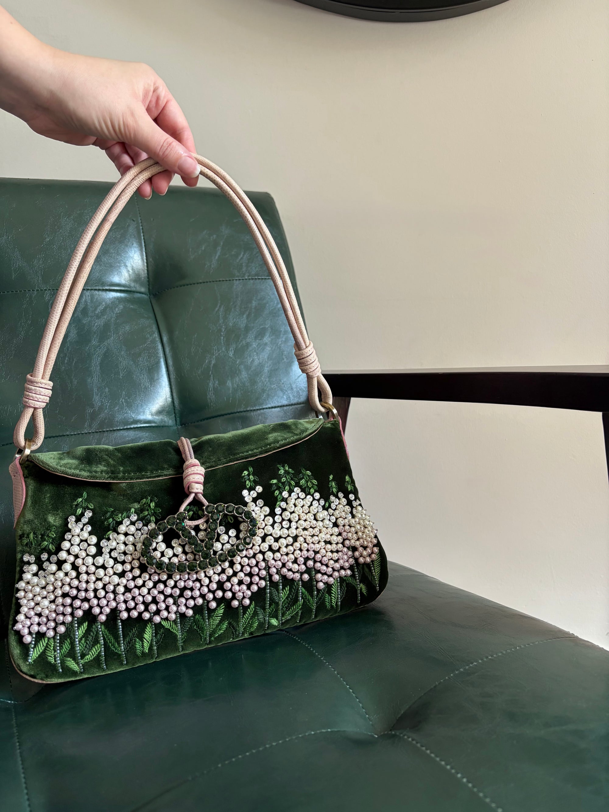 Valentino Garavani green velvet crystal embroidered shoulder bag
