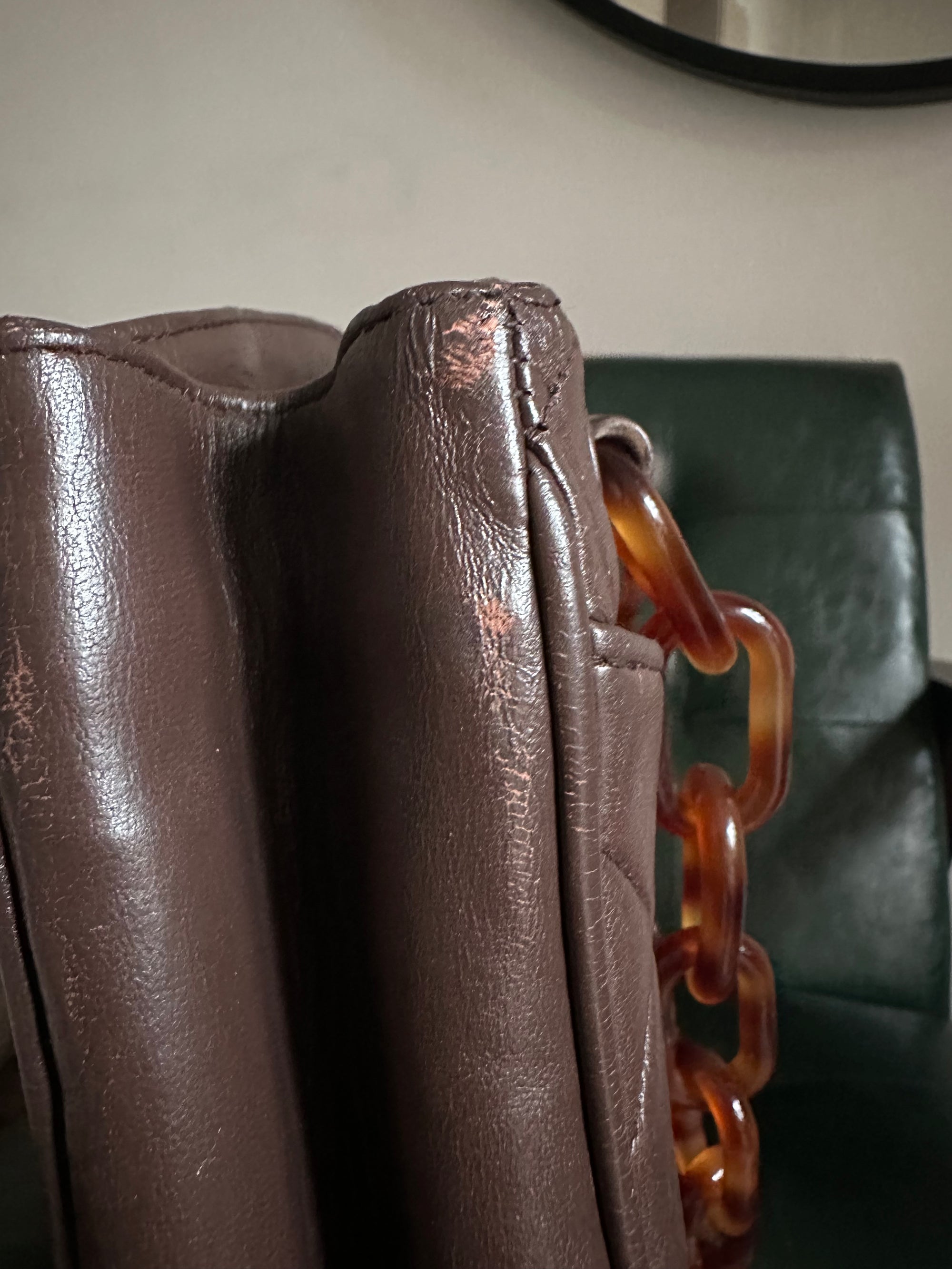 Chanel Vintage Brown Lambskin Tortoiseshell Chain Tote Bag