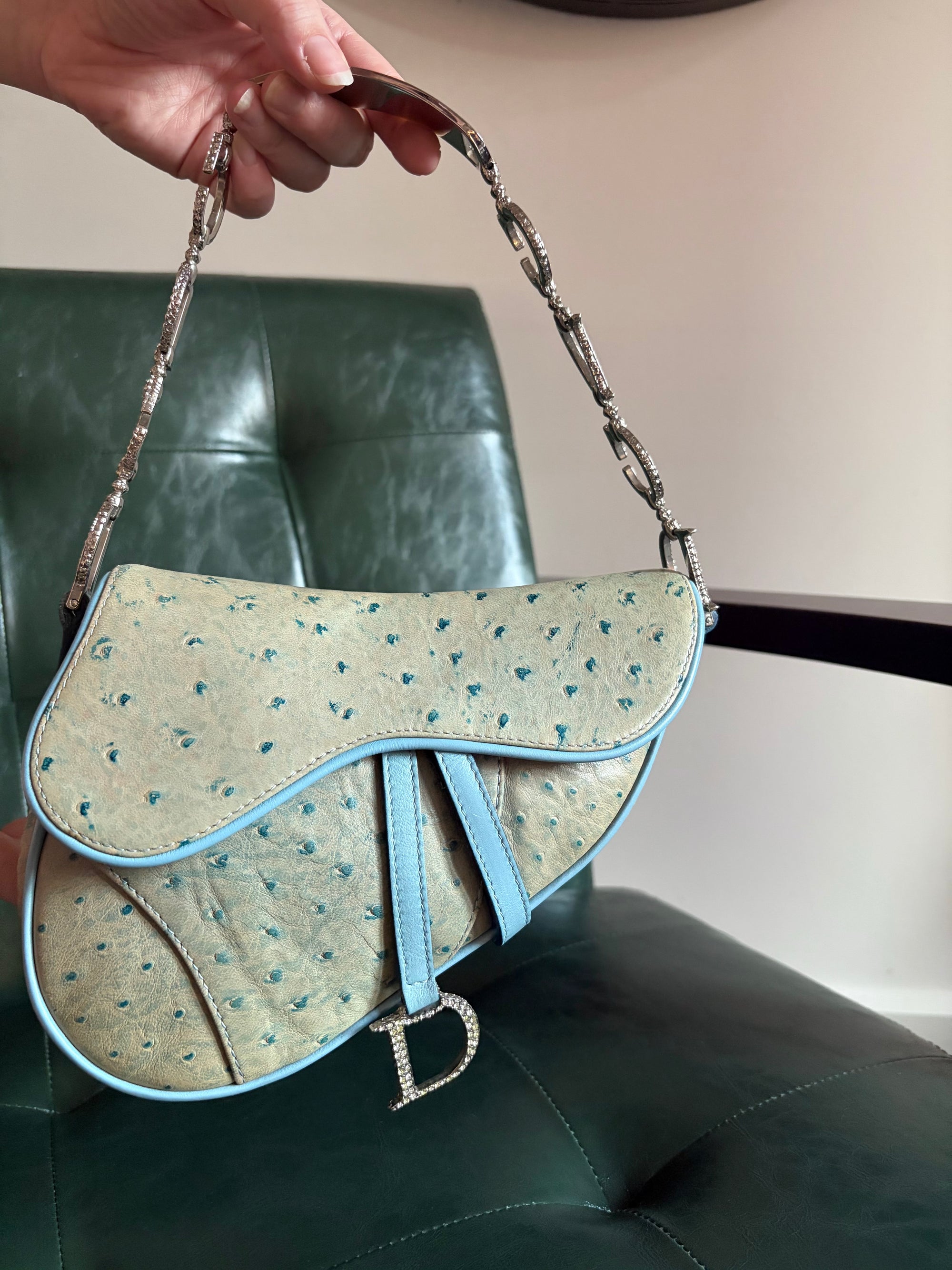 Rare! Vintage Dior blue ostrich embossed leather mini saddle bag with rhinestone strap