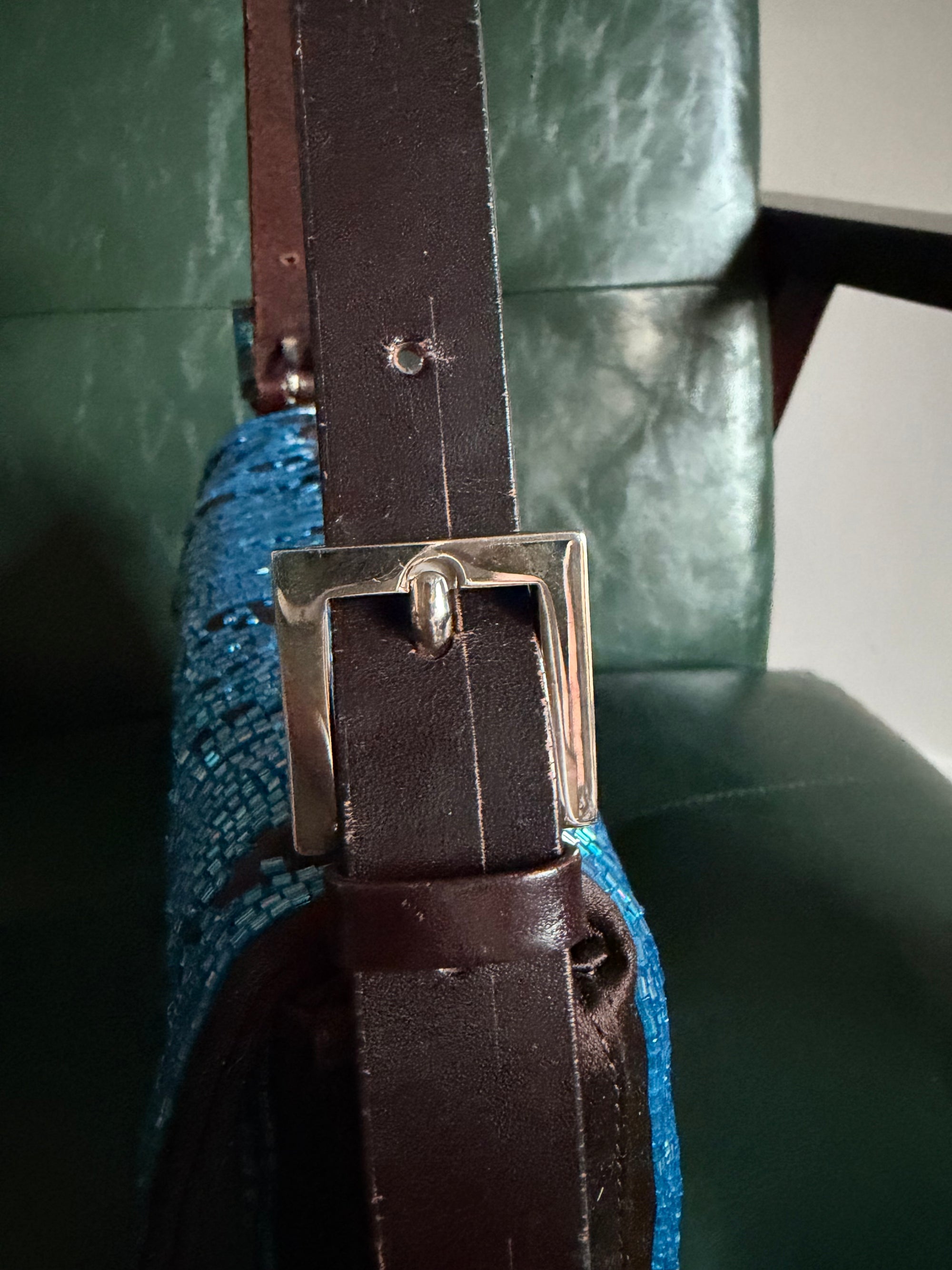 Fendi Dark Brown Satin and Blue Iridescent Beaded Baguette