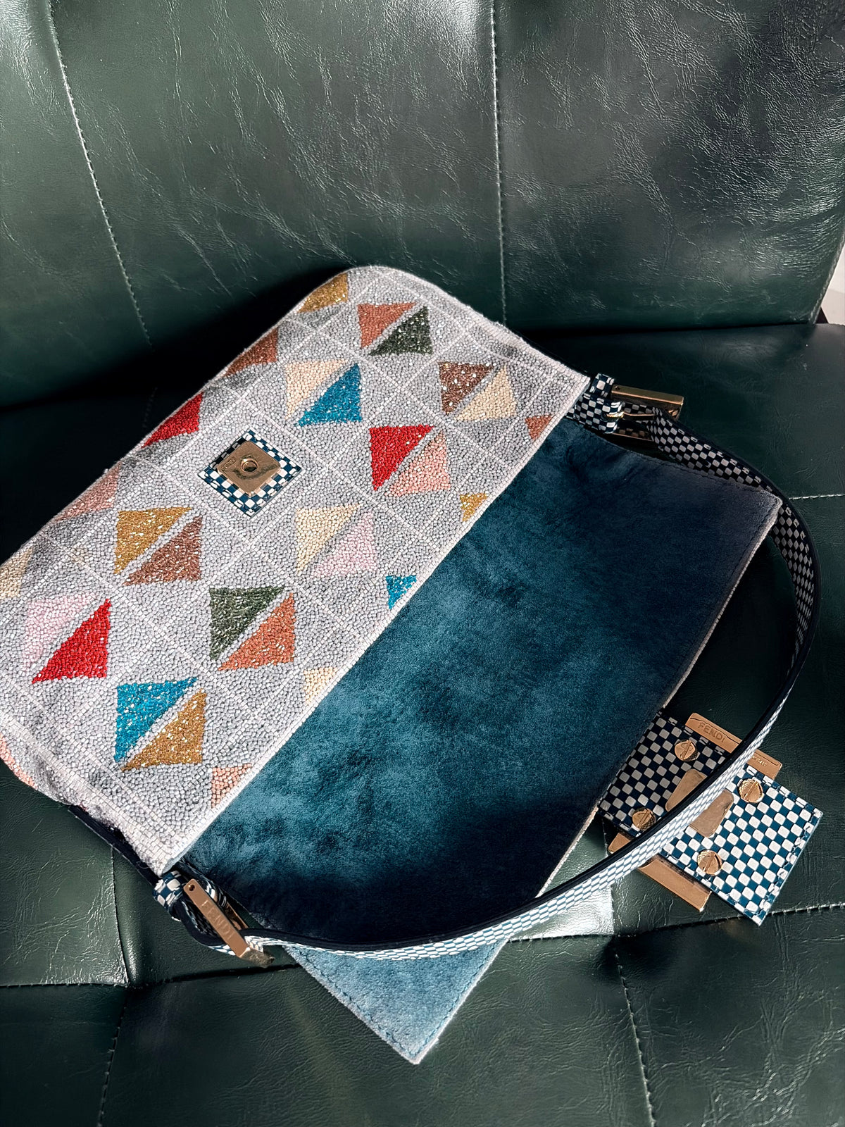 Ultra rare! Limited Edition vintage Fendi grey geometric multicoloured beaded baguette