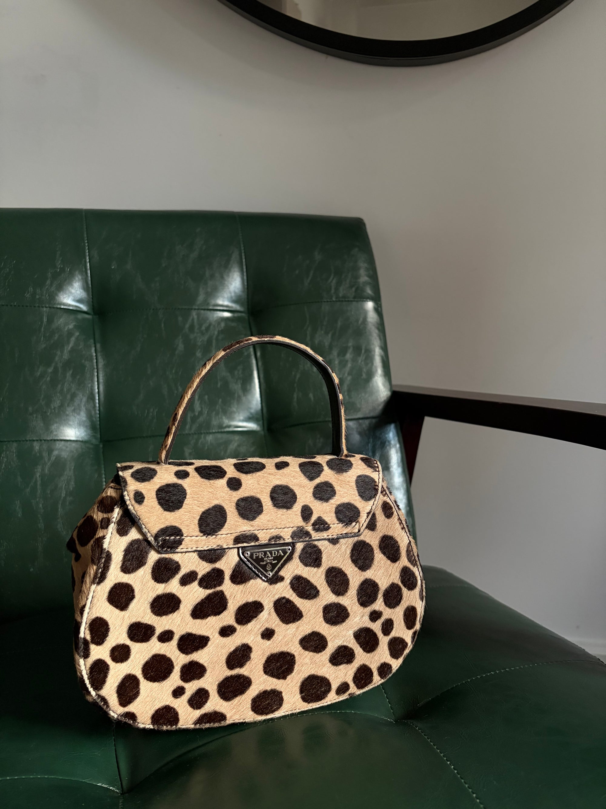 Vintage Prada pony hair cheetah print top handle bag