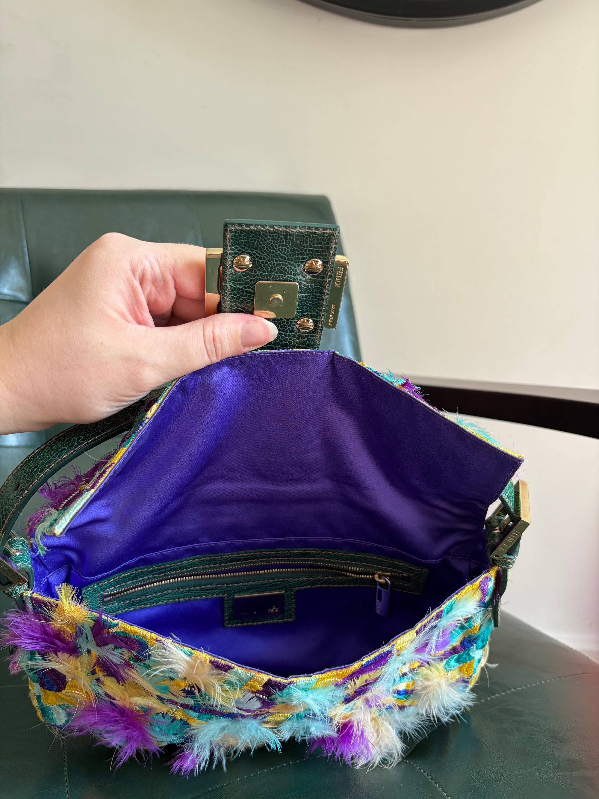 Ultra rare! Fendi ‘Willy Wonka’ embroidered fabric swirl and feather baguette bag