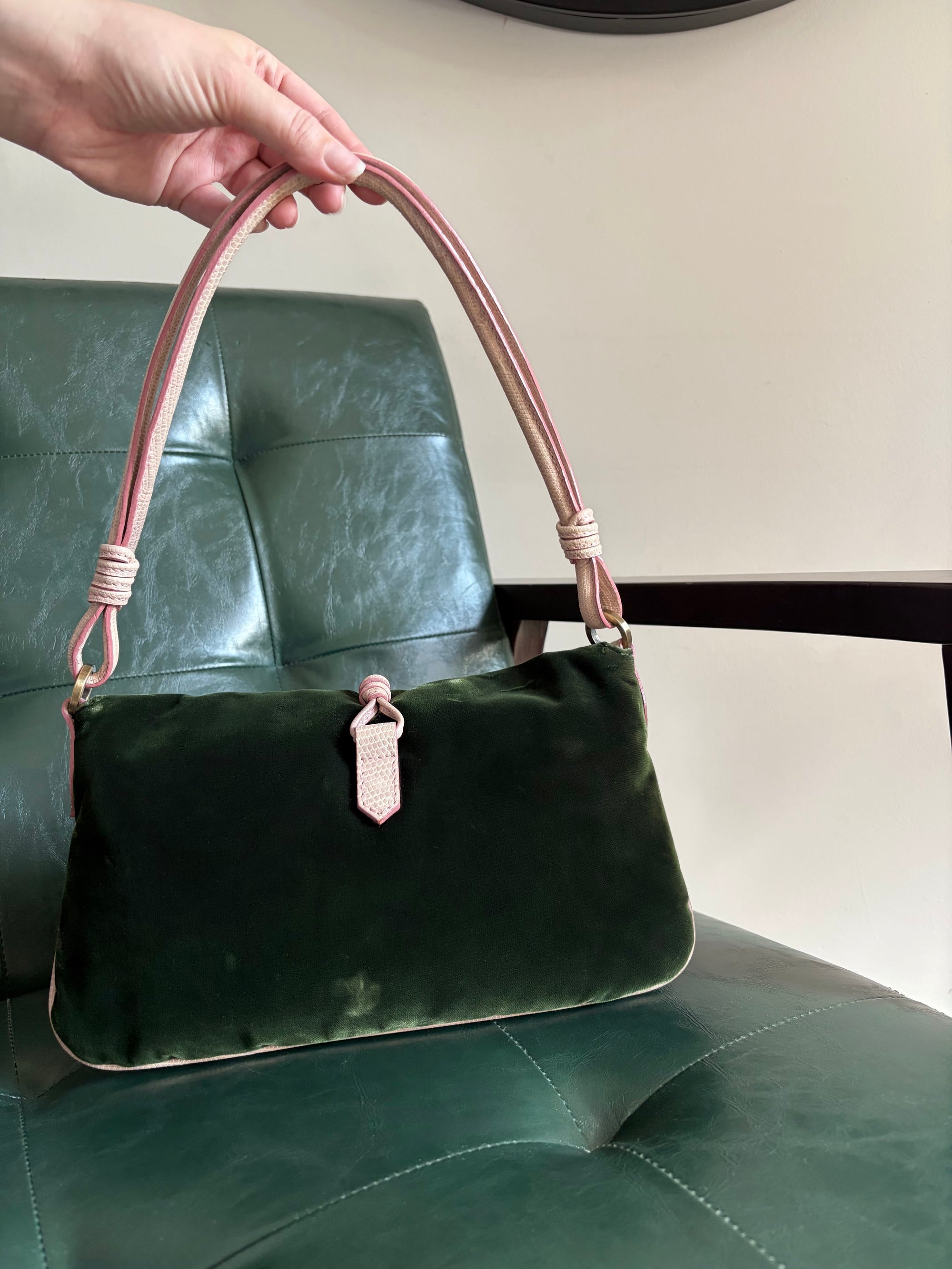Valentino Garavani green velvet crystal embroidered shoulder bag