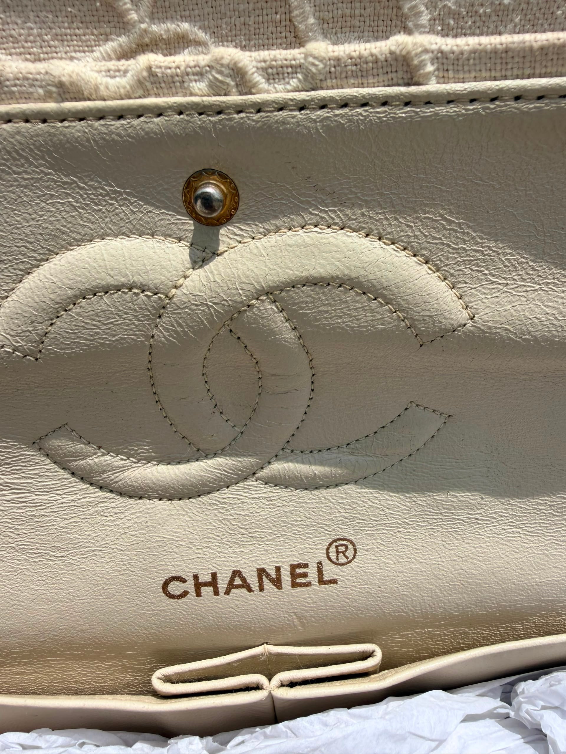 Rare! Vintage Chanel Cream Linen Camellia Medium Double Flap Bag
