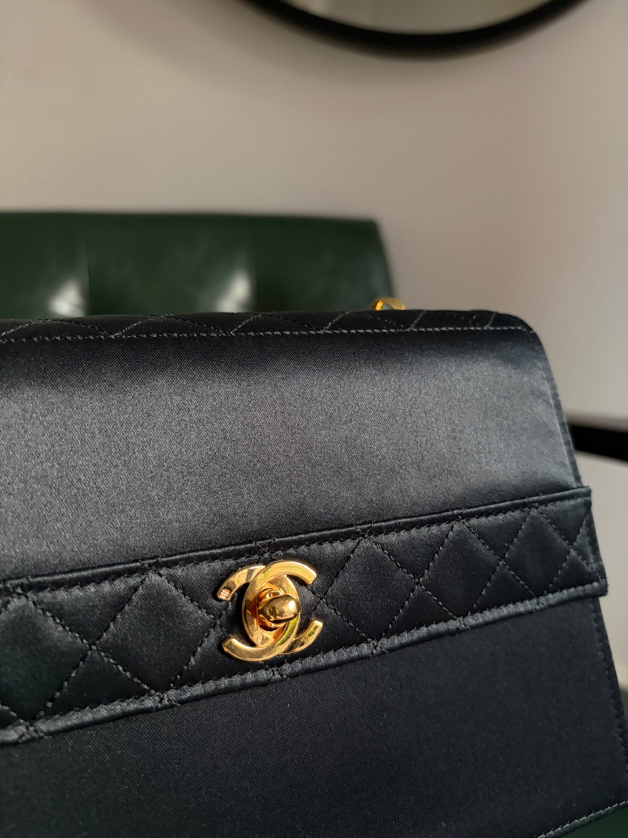 Rare! Chanel trapezoid black satin bag with 24ct gold bijoux chain