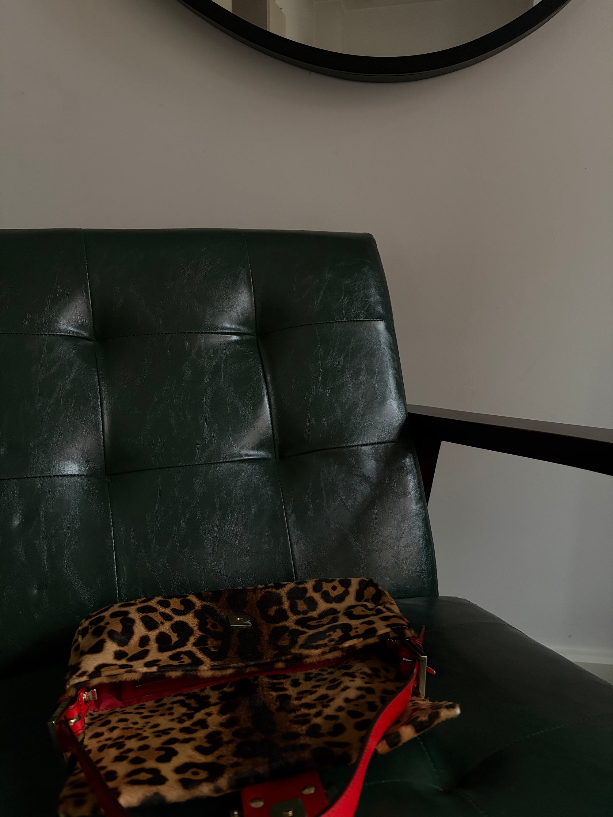 Rare! Vintage Fendi leopard print pony hair baguette bag with red leather trim