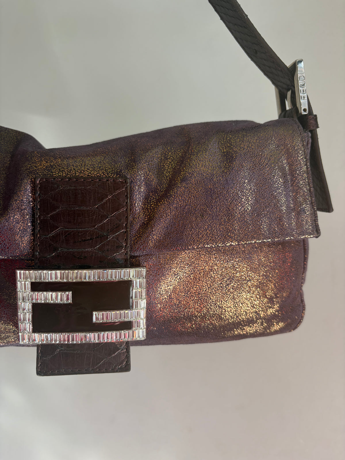 Fendi vintage purple and bronze metallic baguette bag