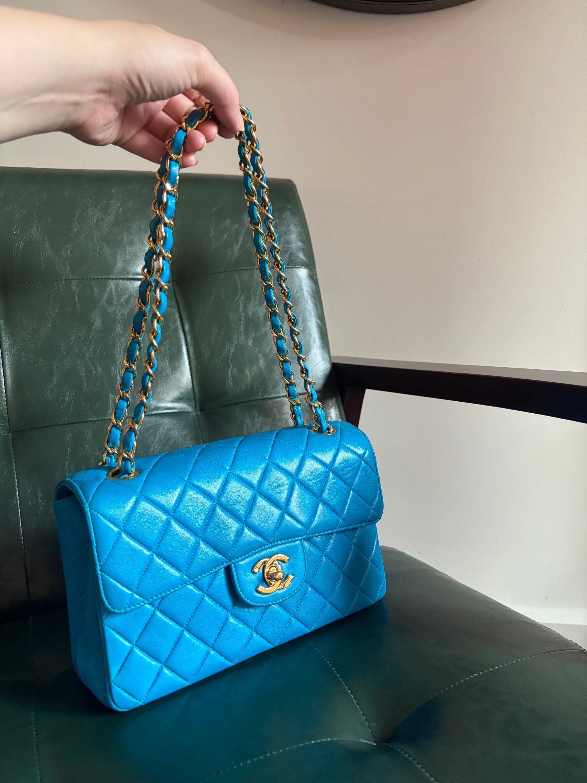 Rare! Vintage Chanel cerulean blue lambskin double sided flap bag with 24ct gold plated hardware