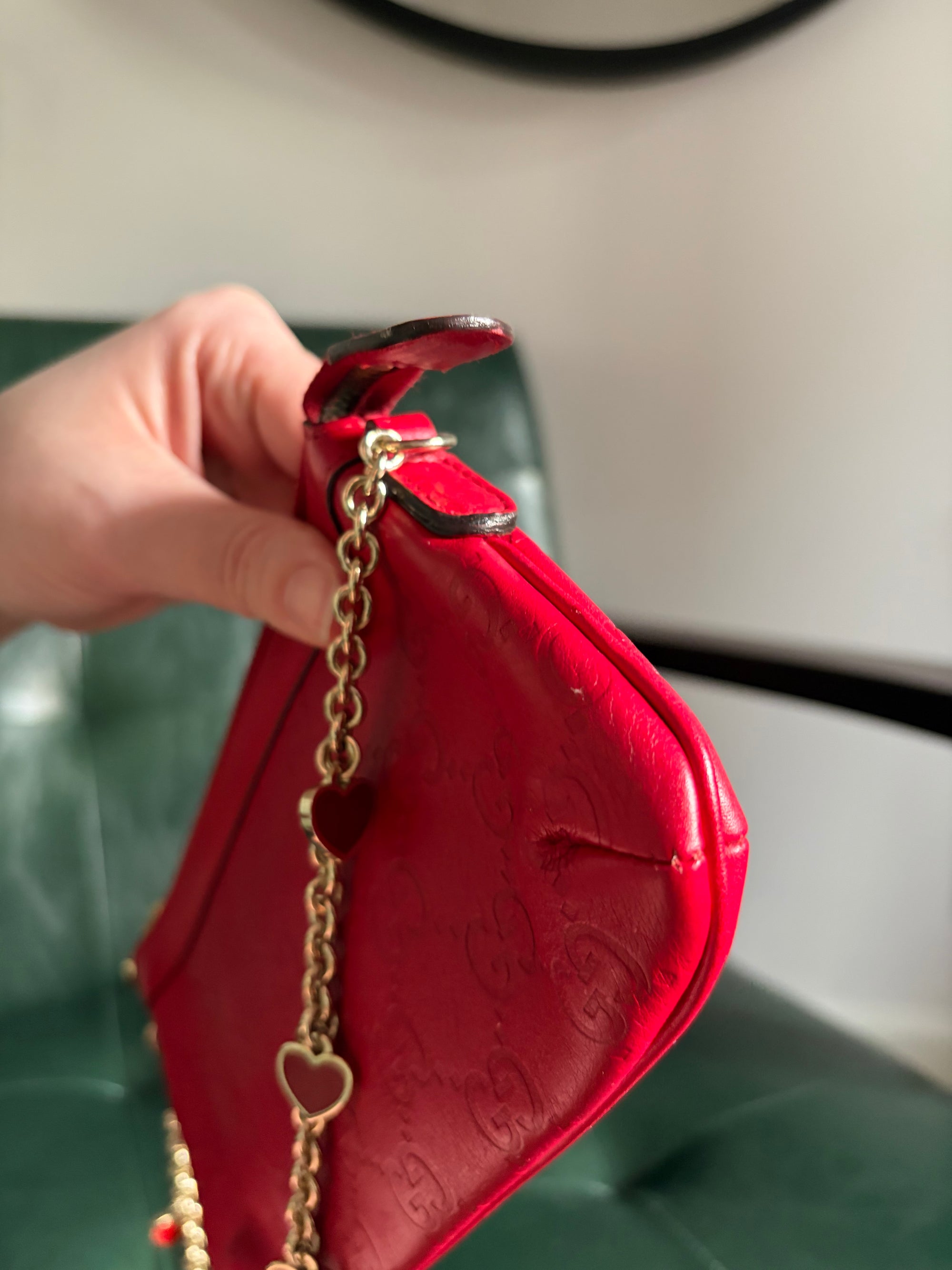 Gucci red vintage Guccisima heart chain pochette bag