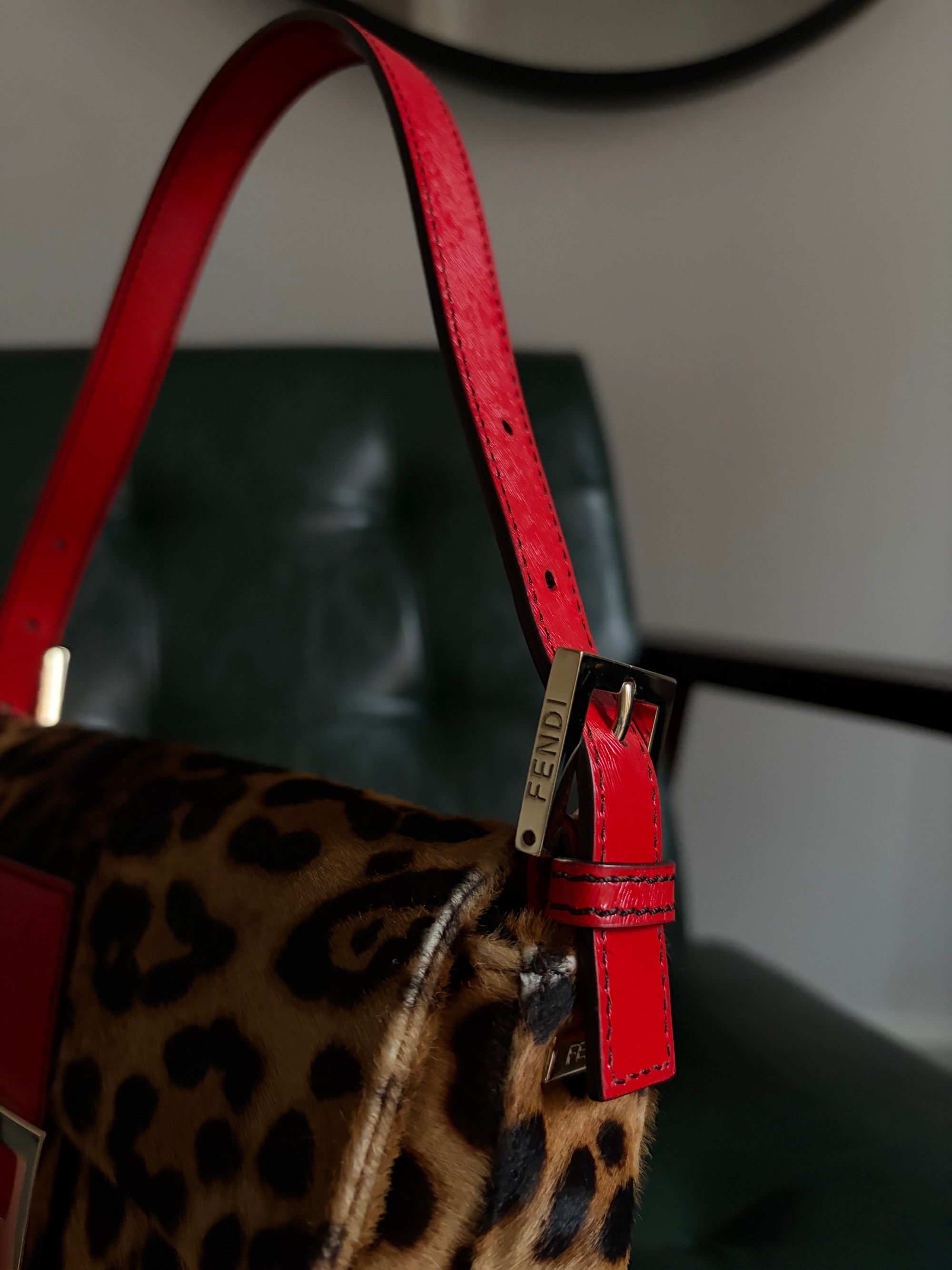 Rare! Vintage Fendi leopard print pony hair baguette bag with red leather trim