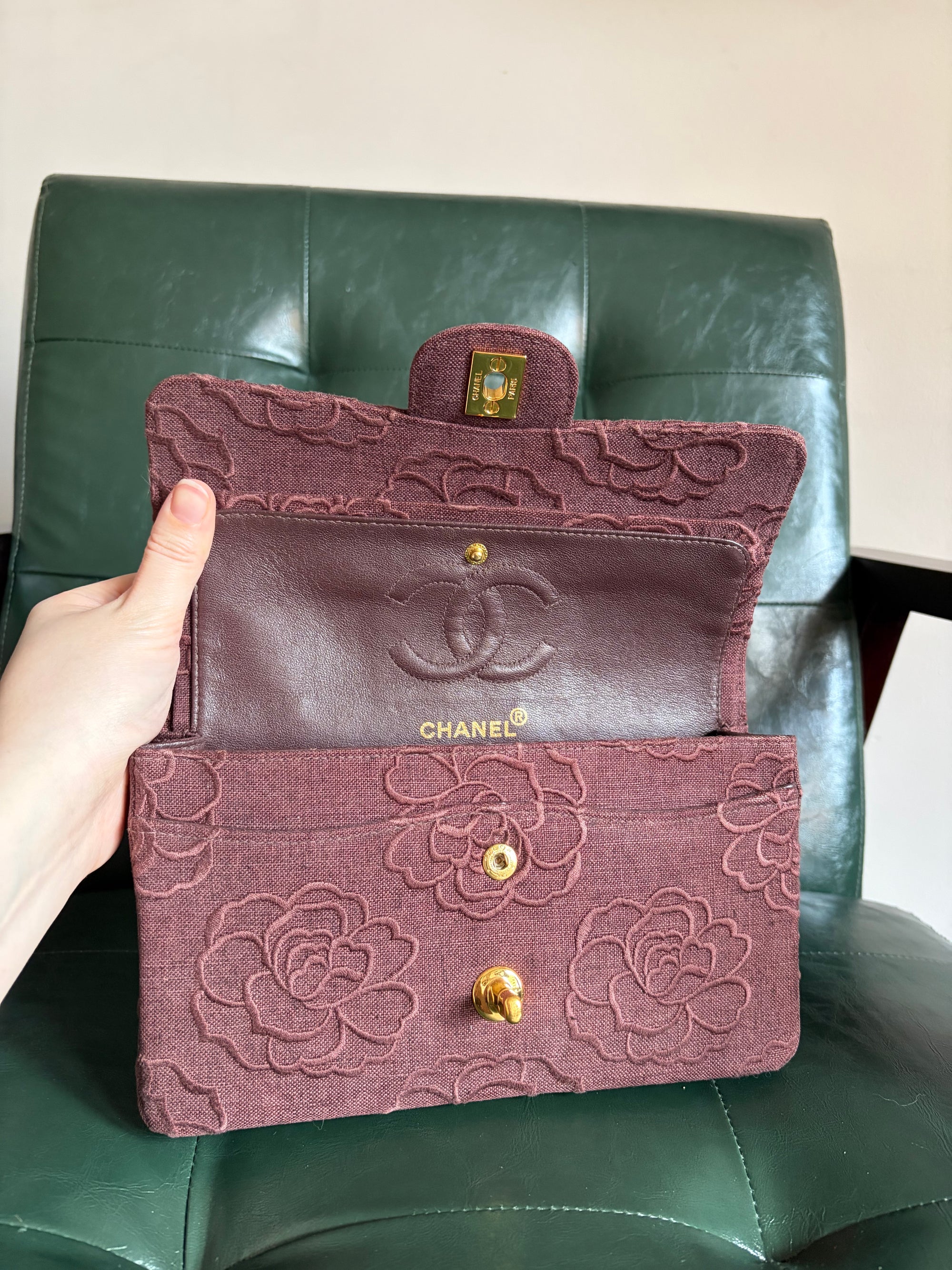Ultra rare! Vintage Chanel Burgundy Linen Camellia Small Double Flap Bag