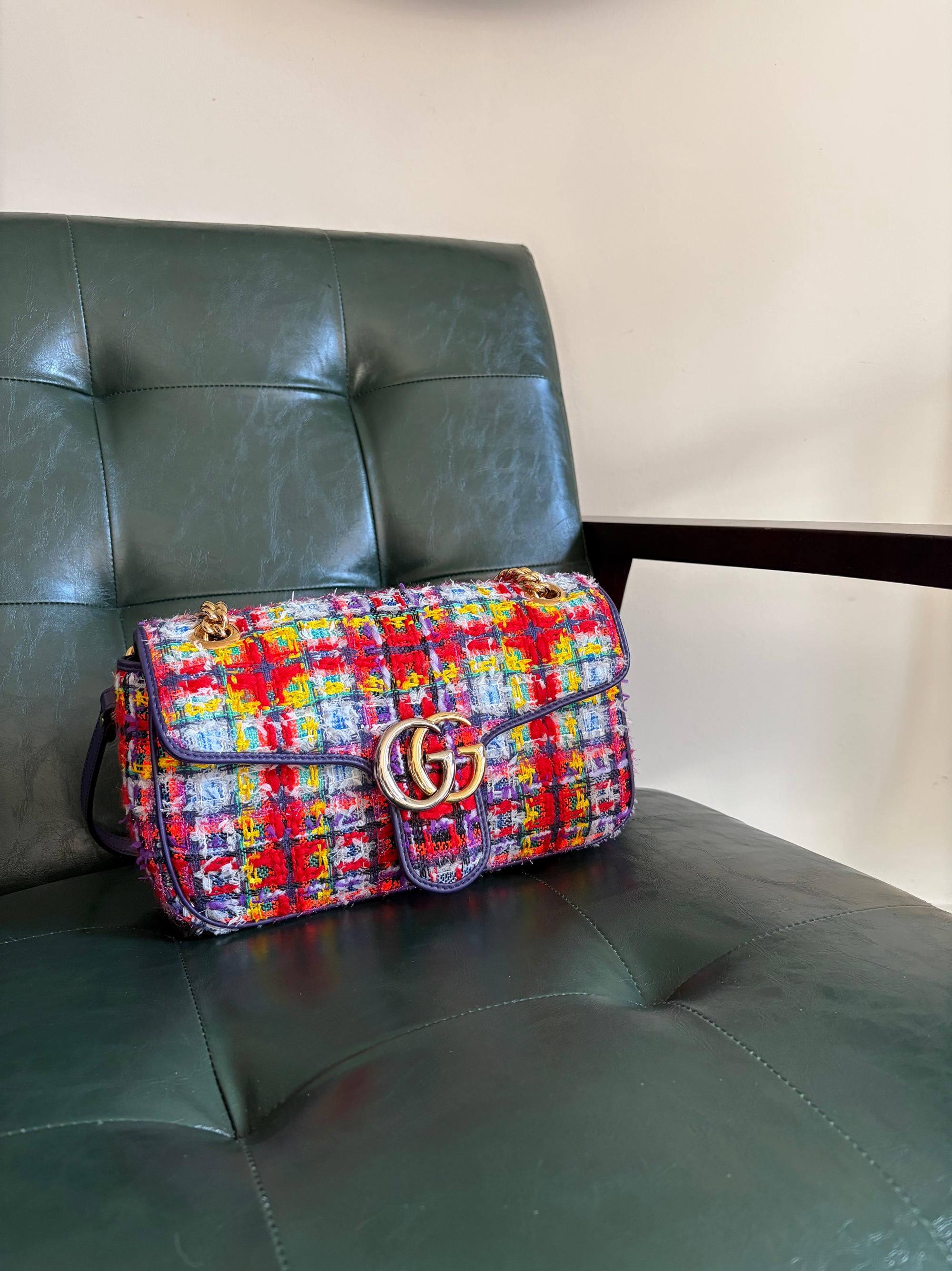 Gucci Marmont Small Multicoloured Tweed Mixed Metal Bag