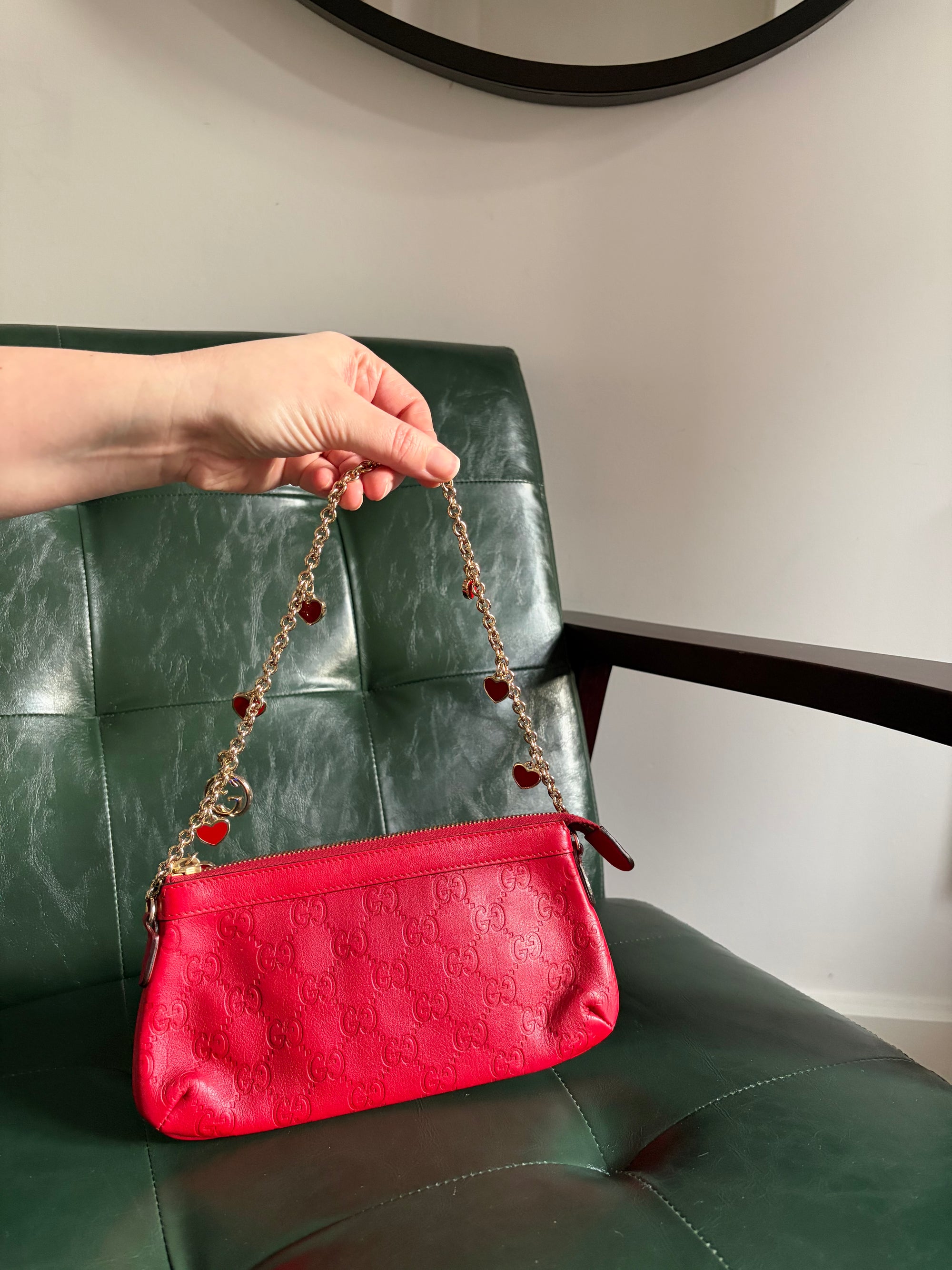 Gucci red vintage Guccisima heart chain pochette bag