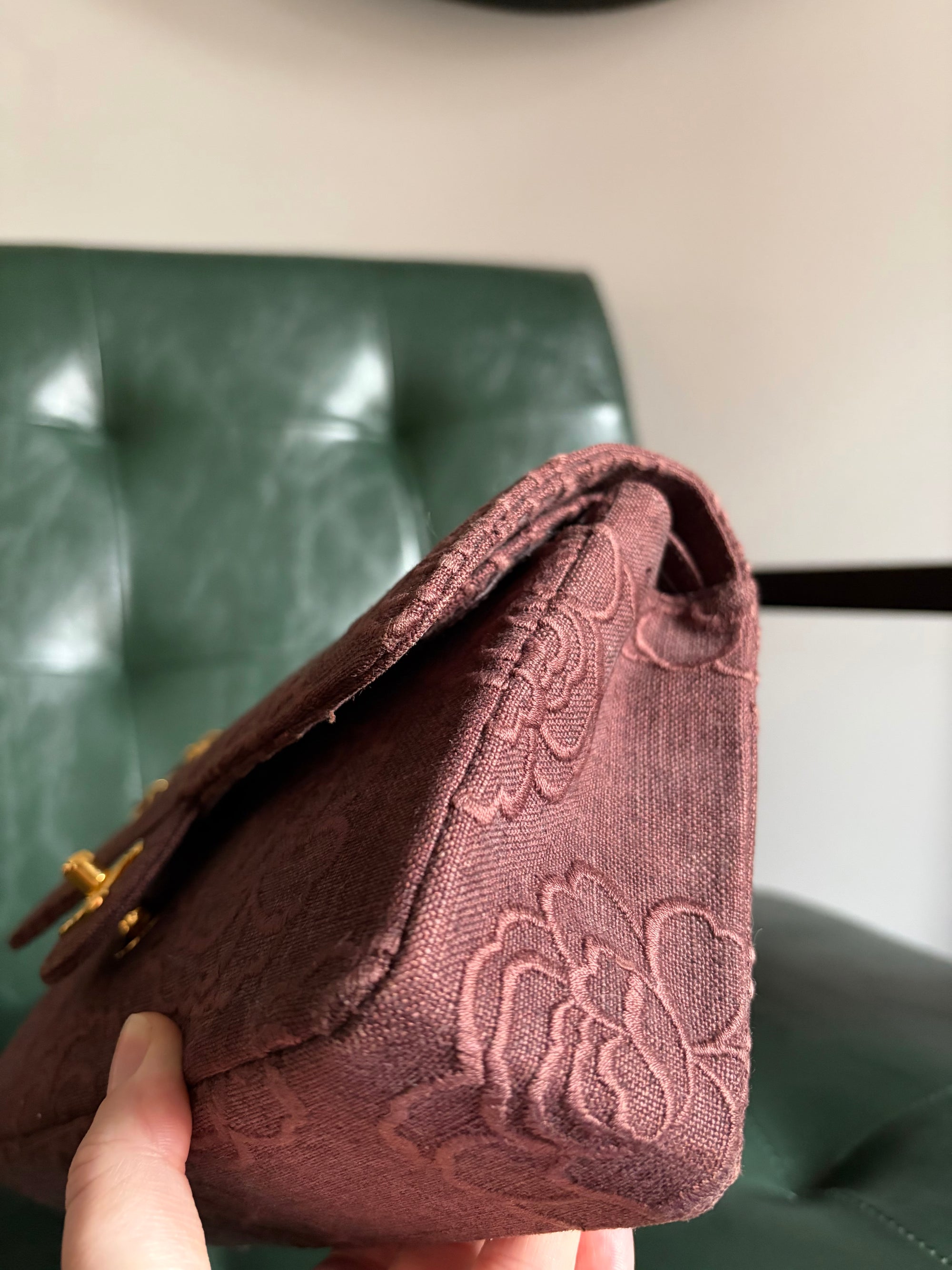 Ultra rare! Vintage Chanel Burgundy Linen Camellia Small Double Flap Bag