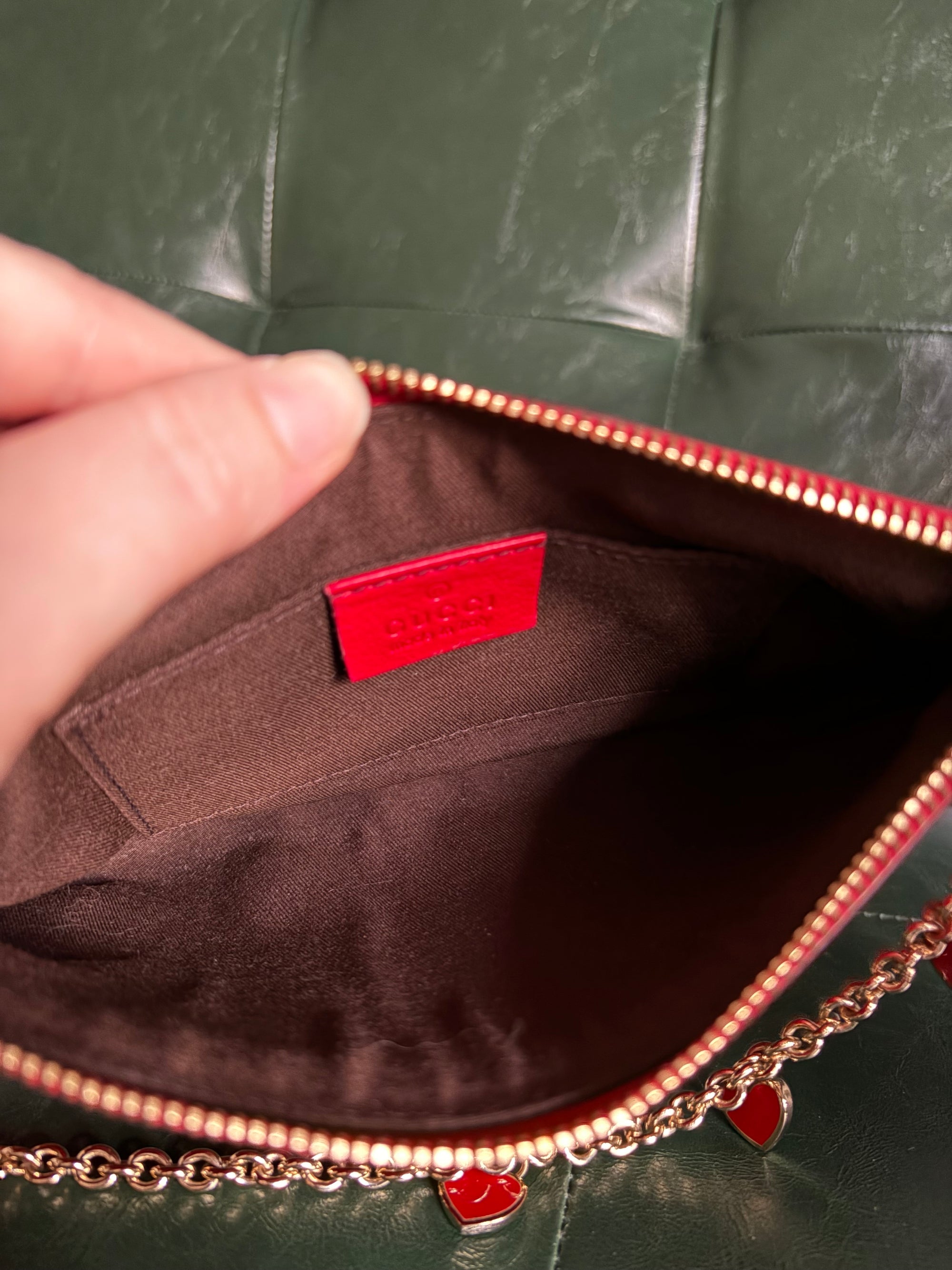 Gucci red vintage Guccisima heart chain pochette bag