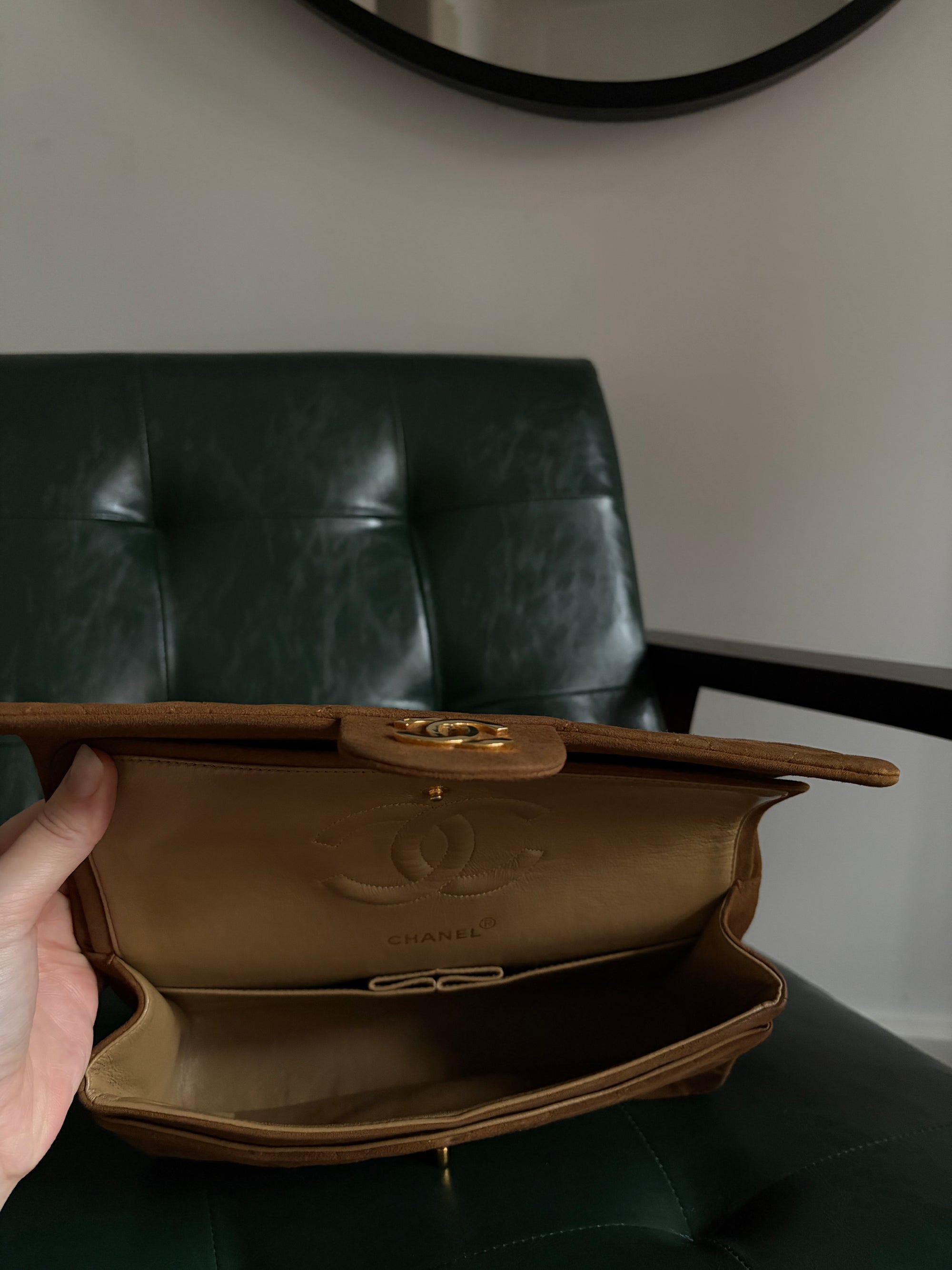 Chanel vintage caramel brown suede medium classic flap bag - 24ct gold