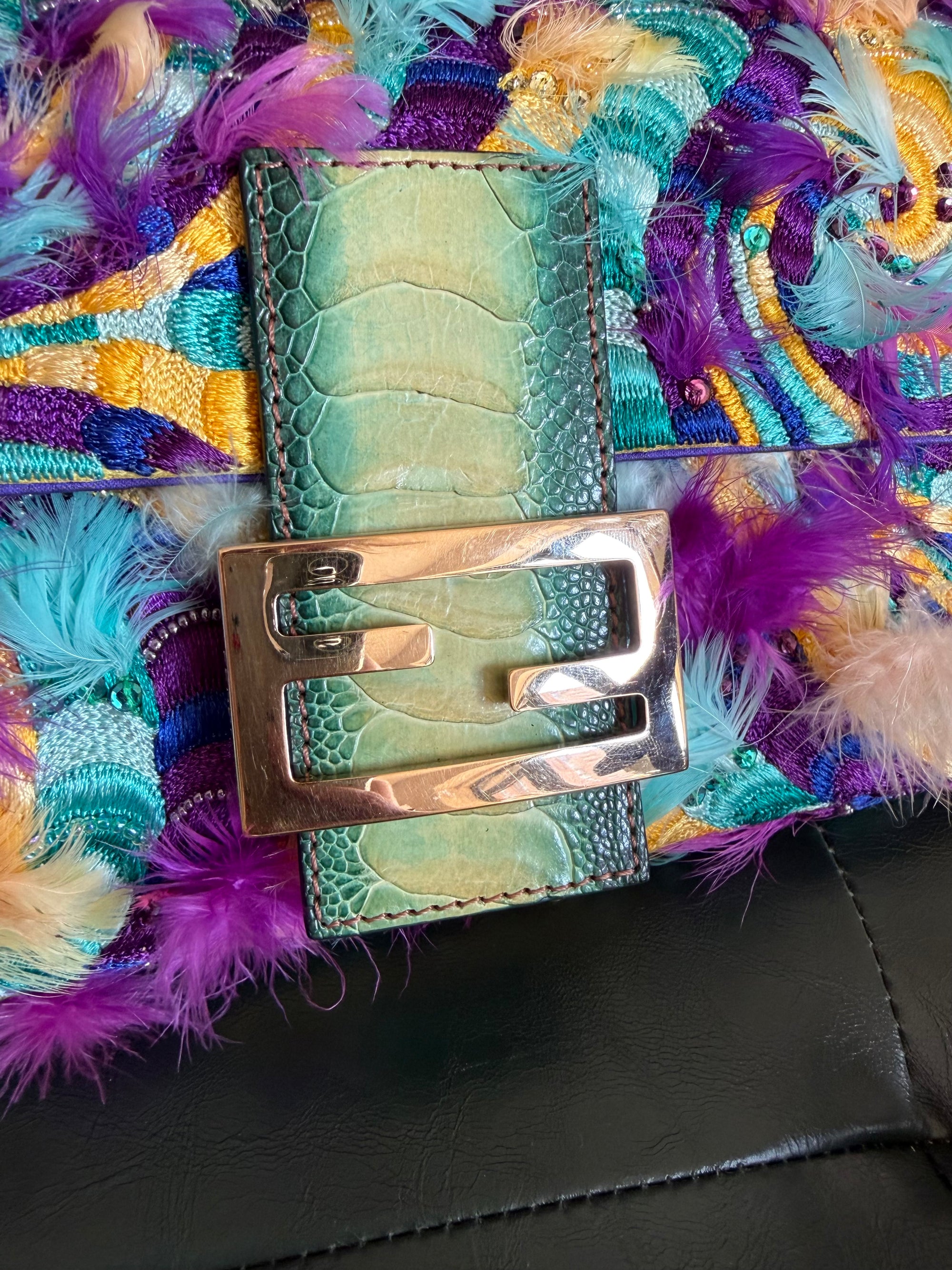 Ultra rare! Fendi ‘Willy Wonka’ embroidered fabric swirl and feather baguette bag
