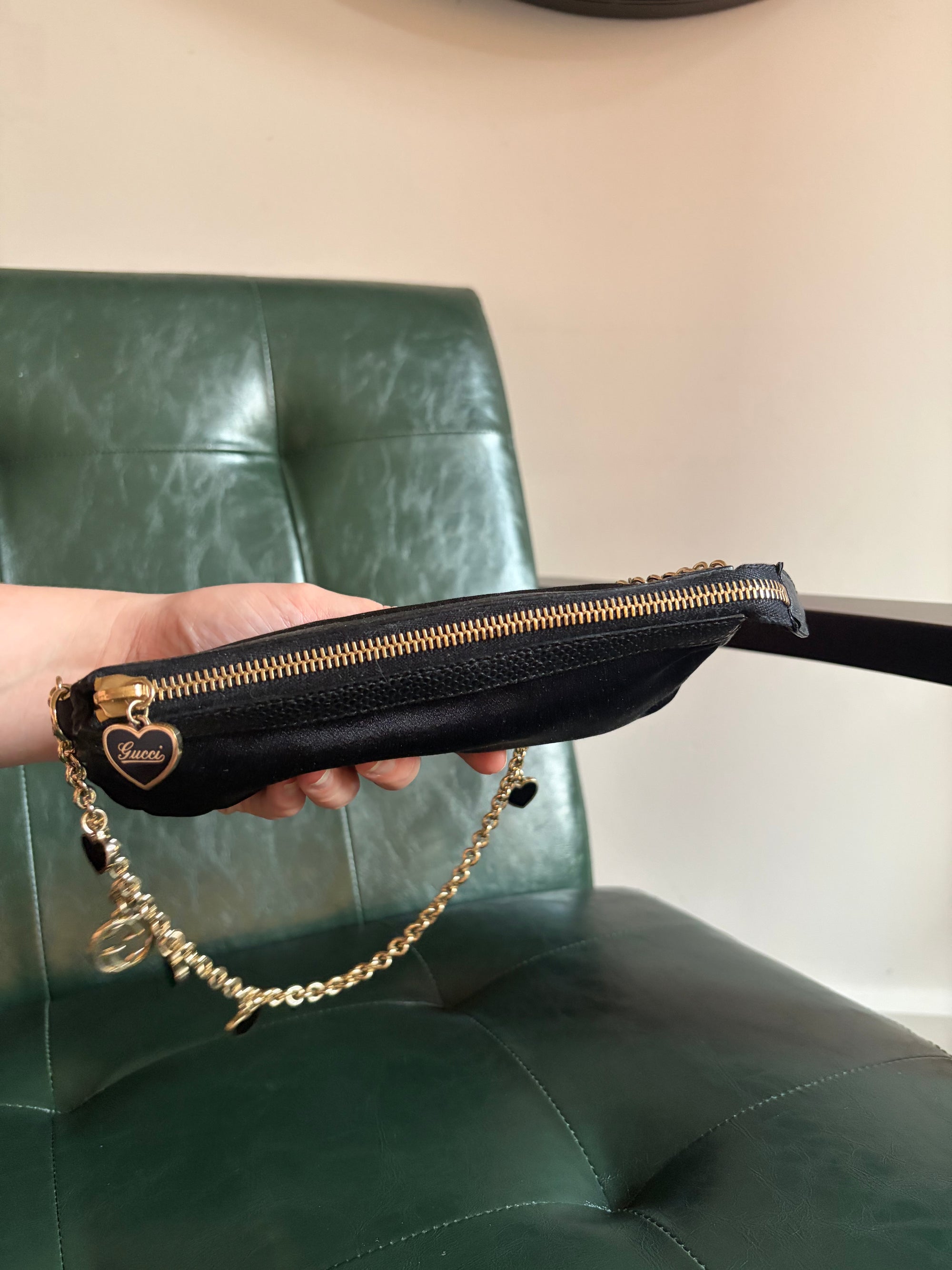 Gucci black satin heart chain pochette with exotic lizard trim