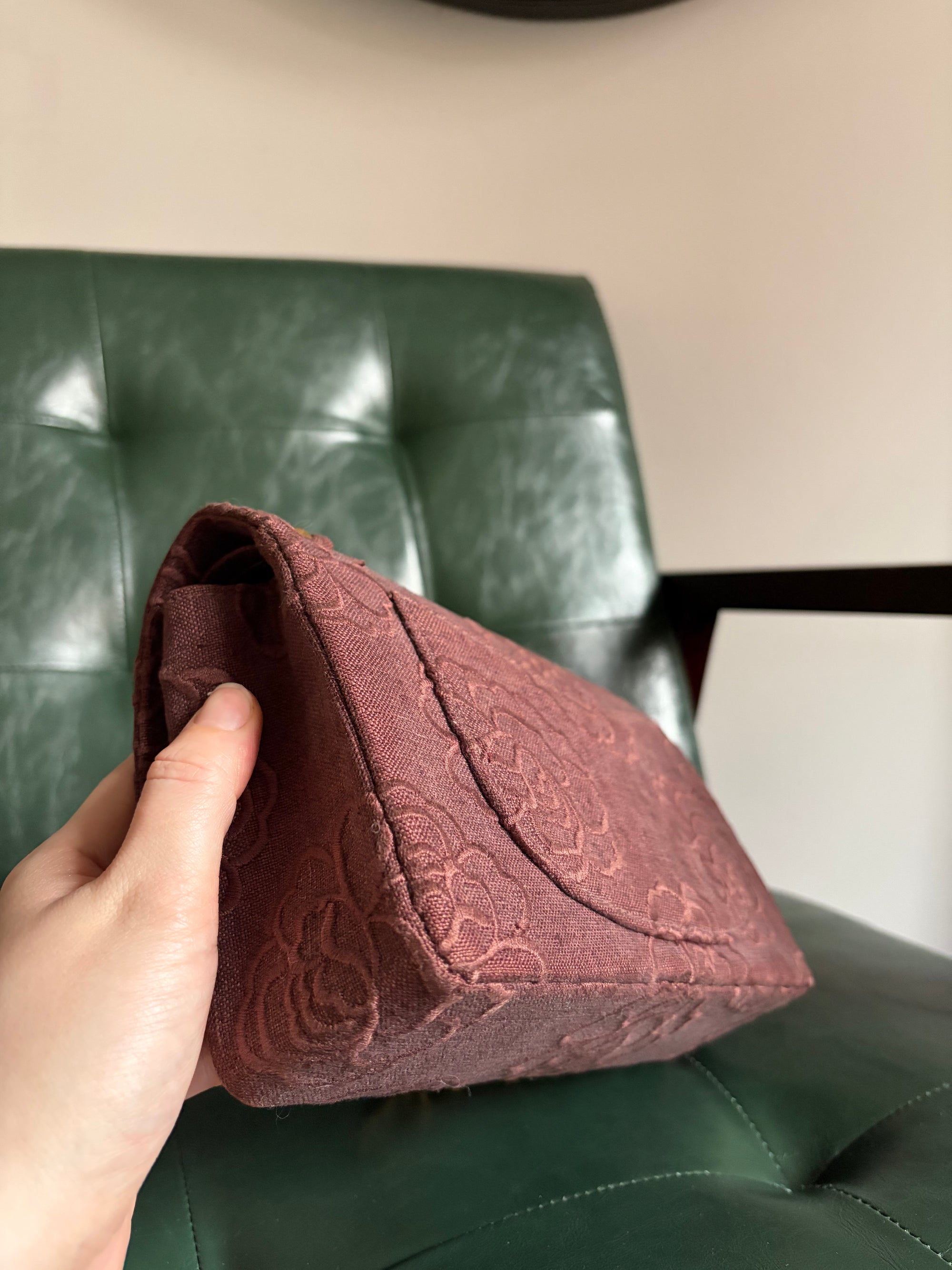 Ultra rare! Vintage Chanel Burgundy Linen Camellia Small Double Flap Bag
