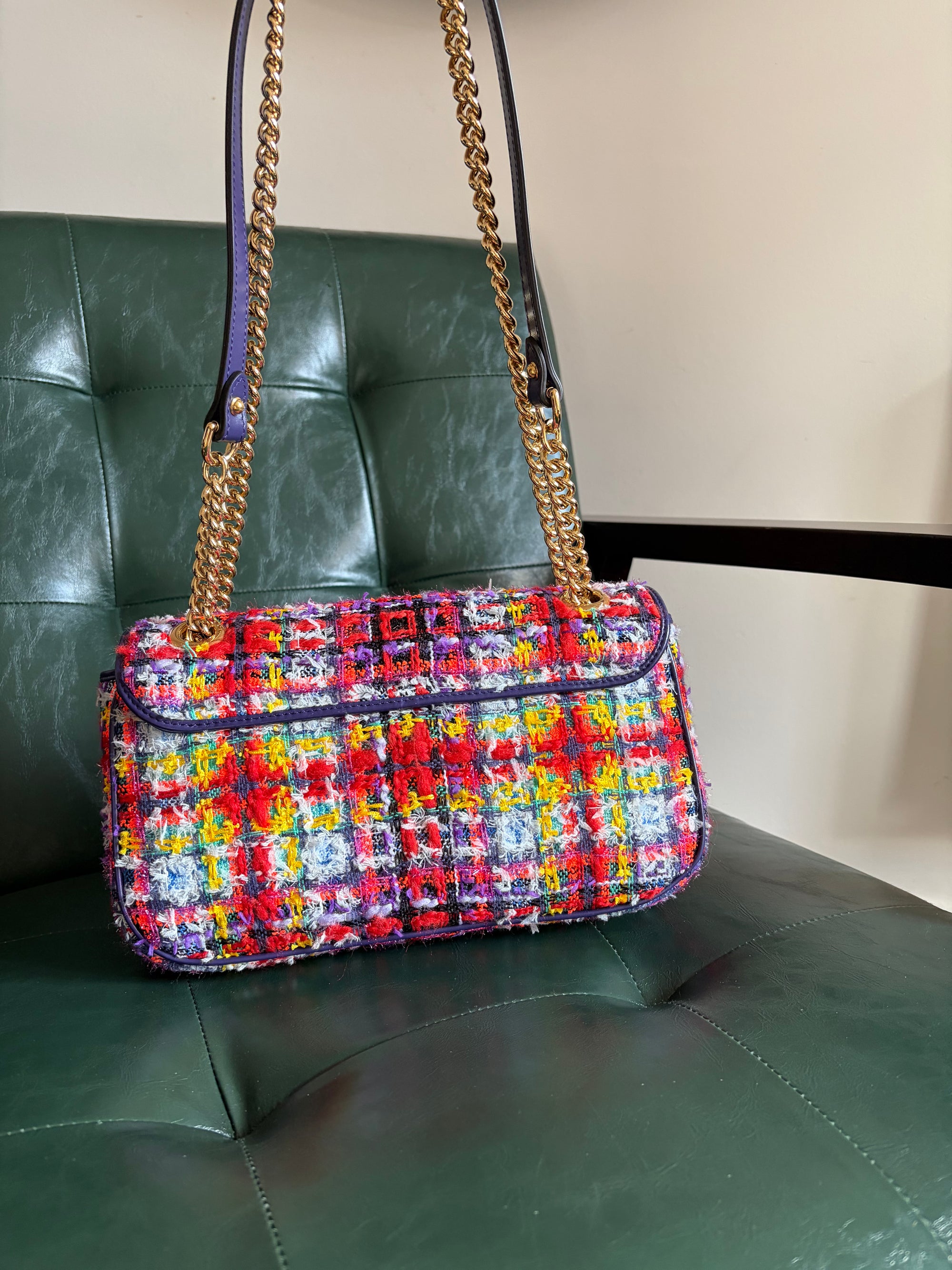 Gucci Marmont Small Multicoloured Tweed Mixed Metal Bag