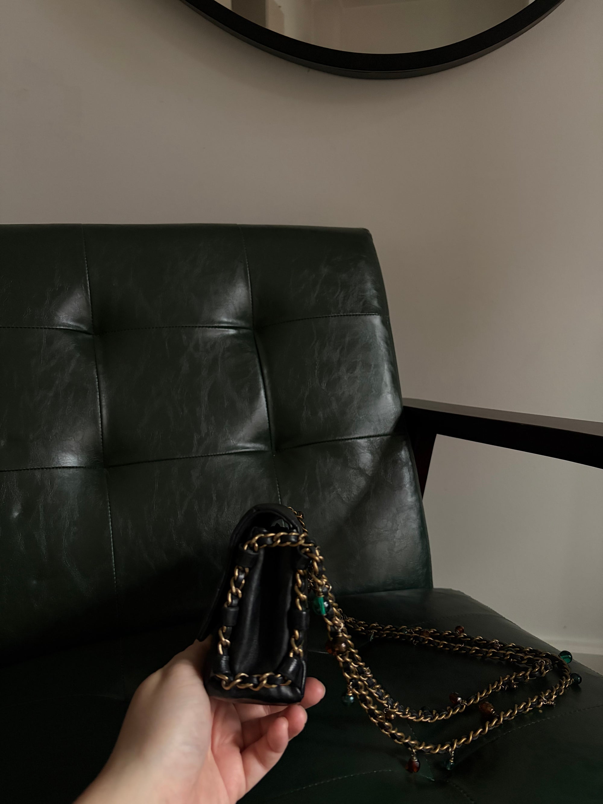 Rare! Chanel black lambskin chocolate bar east west bag with embellished chain