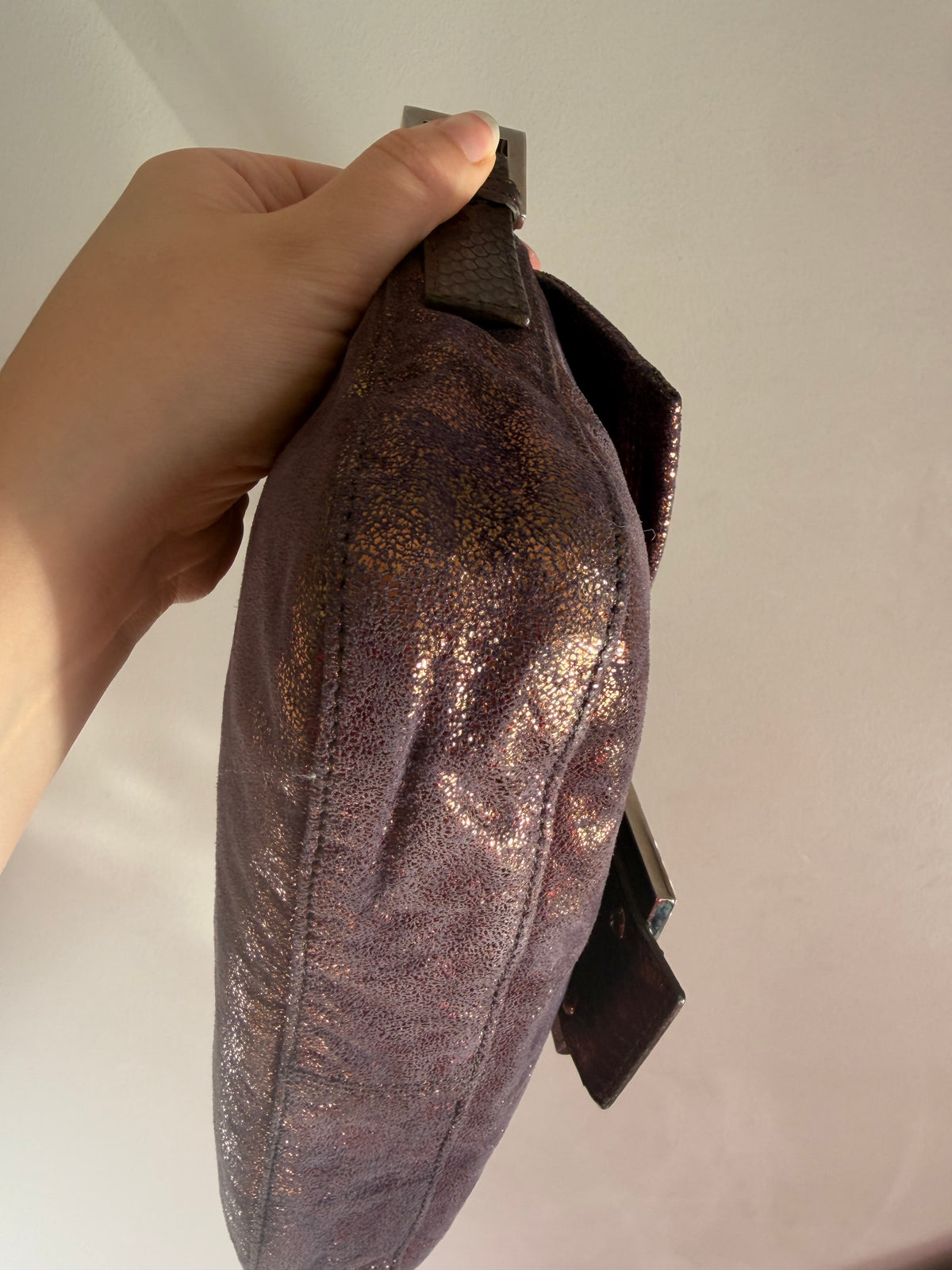 Fendi vintage purple and bronze metallic baguette bag