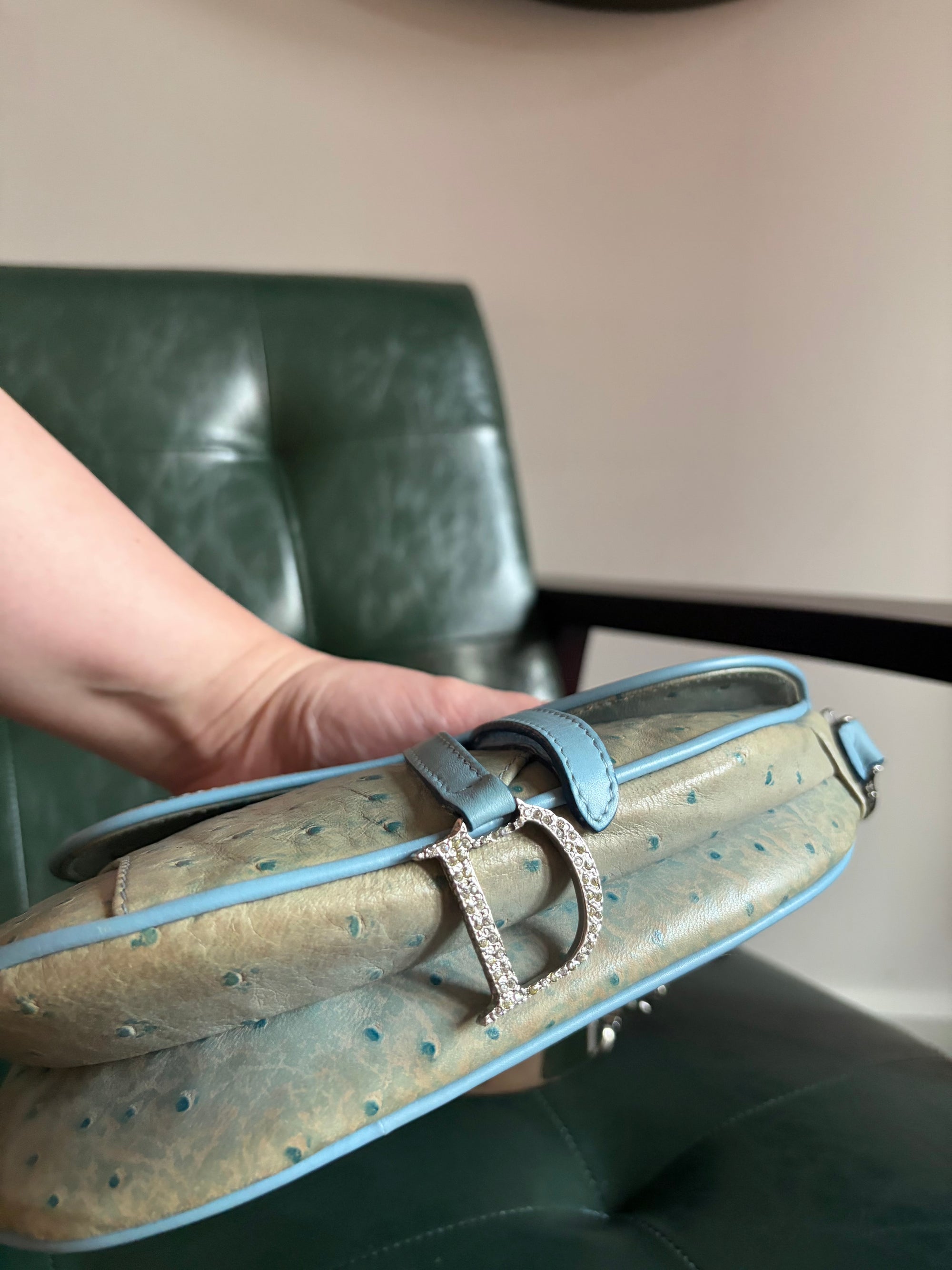 Rare! Vintage Dior blue ostrich embossed leather mini saddle bag with rhinestone strap