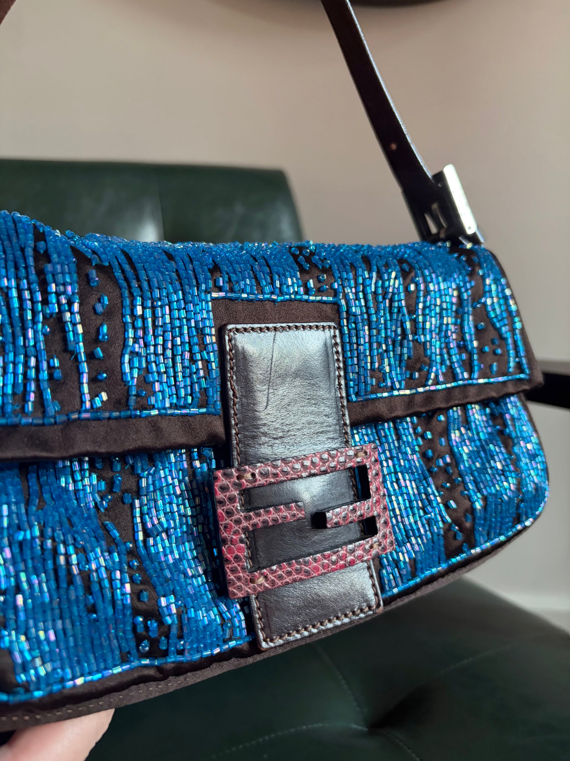 Fendi Dark Brown Satin and Blue Iridescent Beaded Baguette