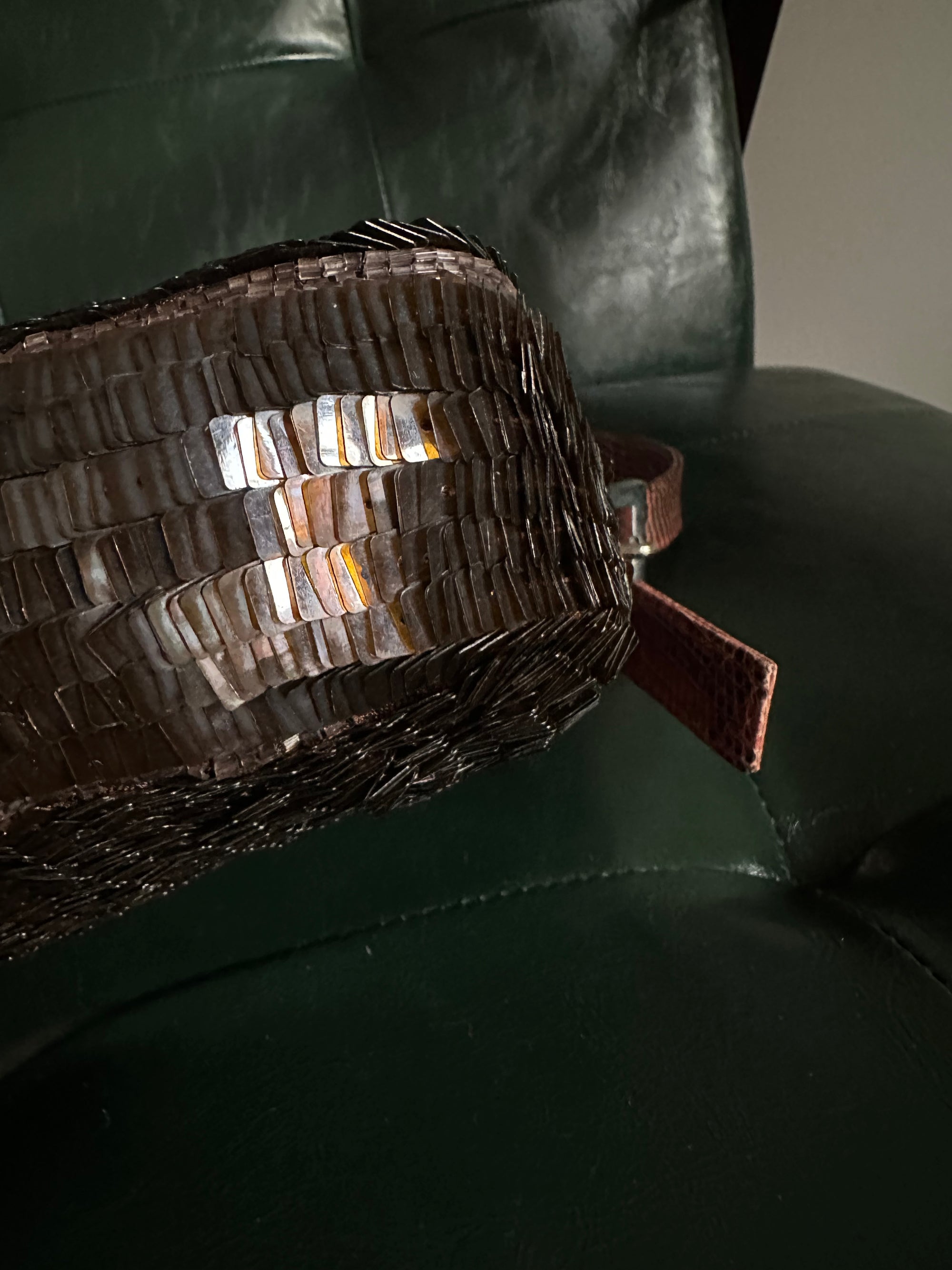 Rare! Fendi Vintage Brown Sequin Baguette With Exotic Lizard Trim