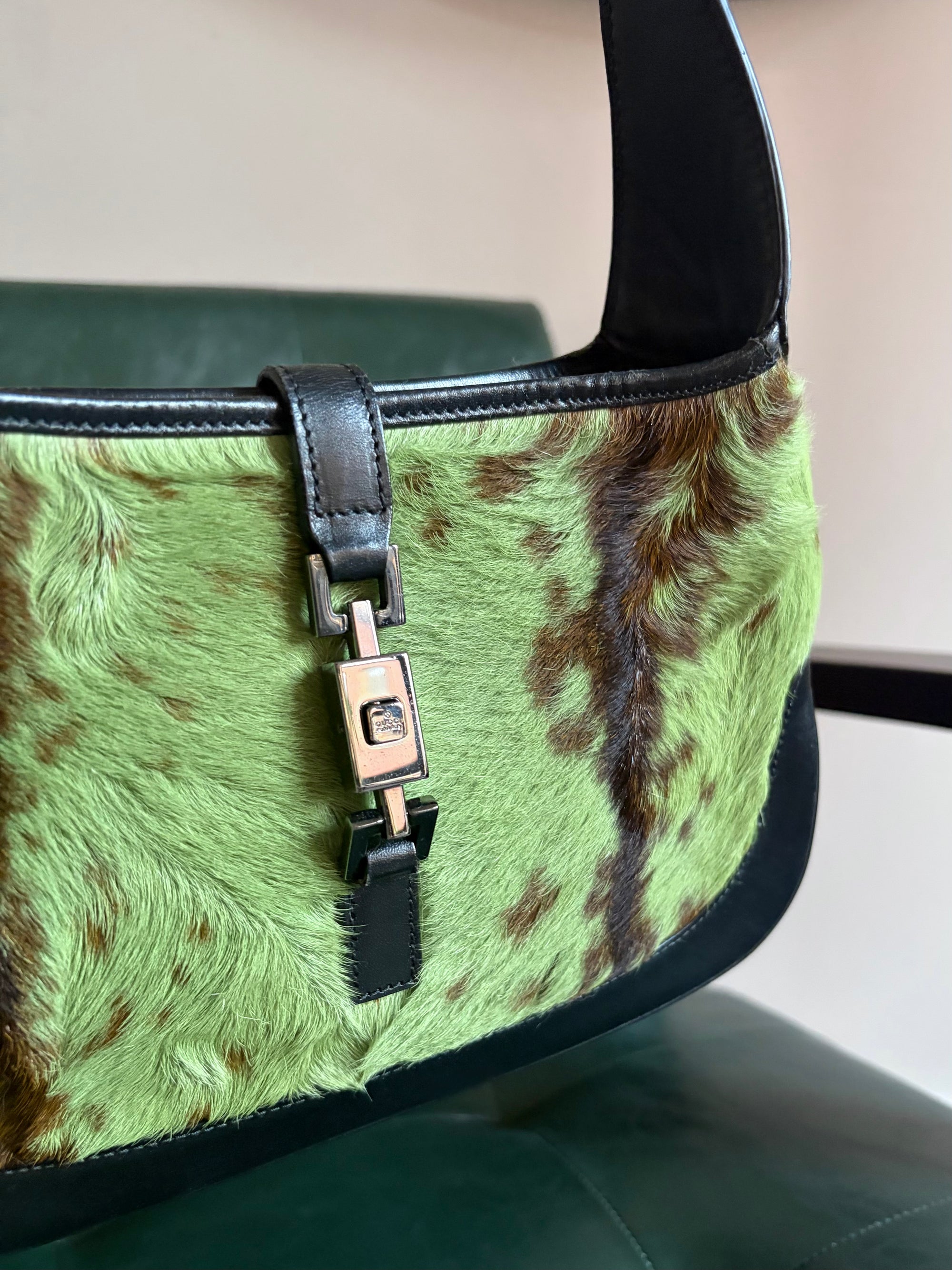 Vintage Gucci Jackie Shoulder Bag in Green and Brown Goat Hair