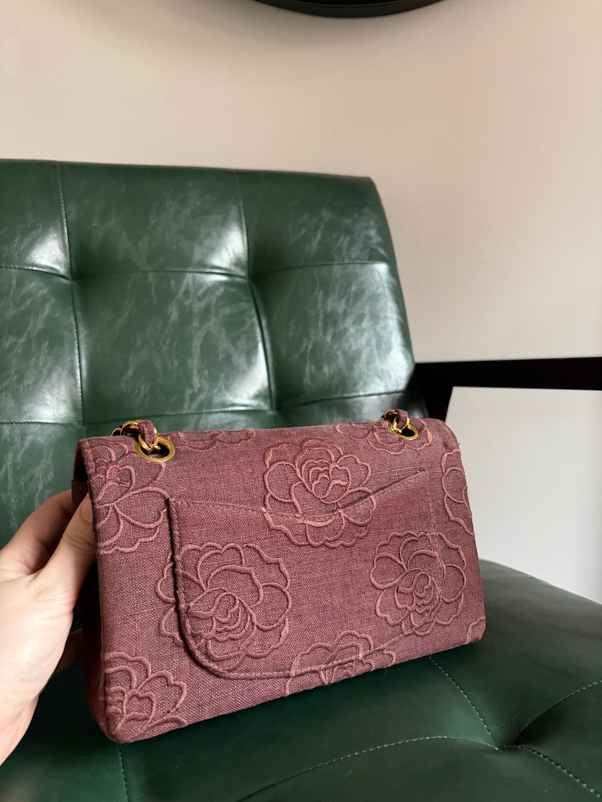 Ultra rare! Vintage Chanel Burgundy Linen Camellia Small Double Flap Bag