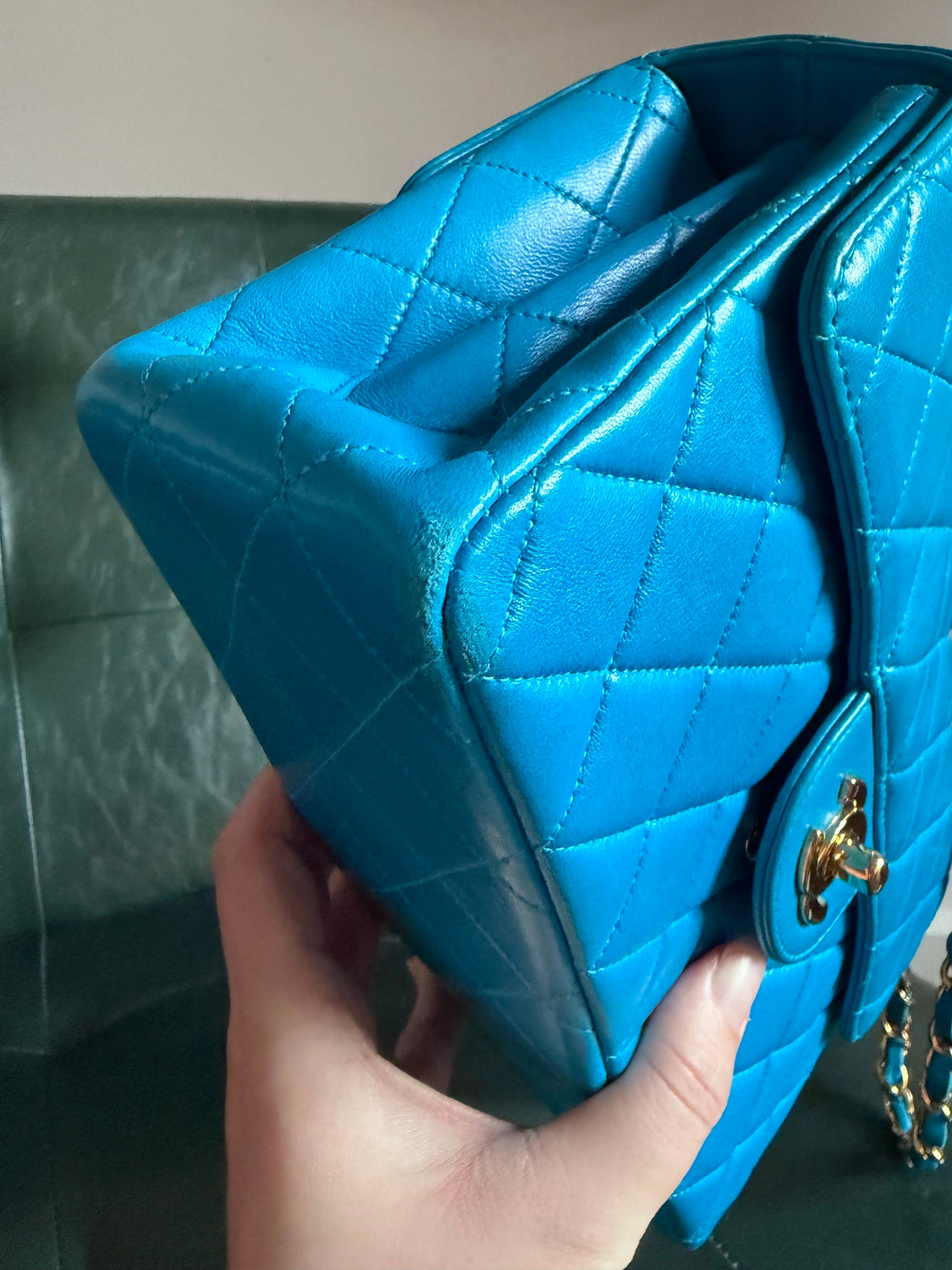 Rare! Vintage Chanel cerulean blue lambskin double sided flap bag with 24ct gold plated hardware