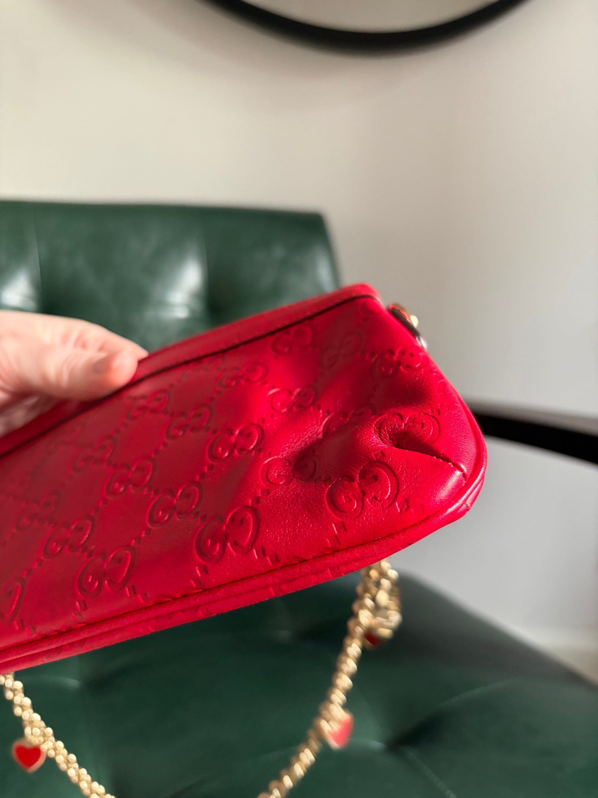 Gucci red vintage Guccisima heart chain pochette bag