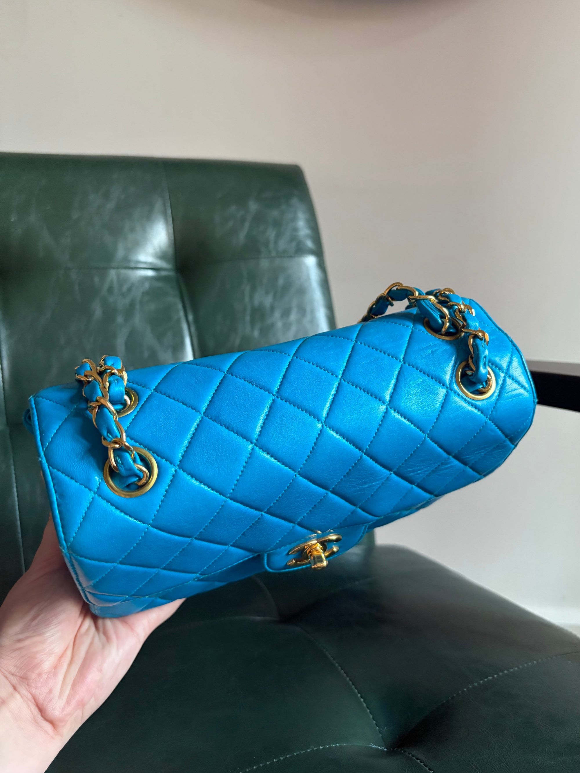 Rare! Vintage Chanel cerulean blue lambskin double sided flap bag with 24ct gold plated hardware